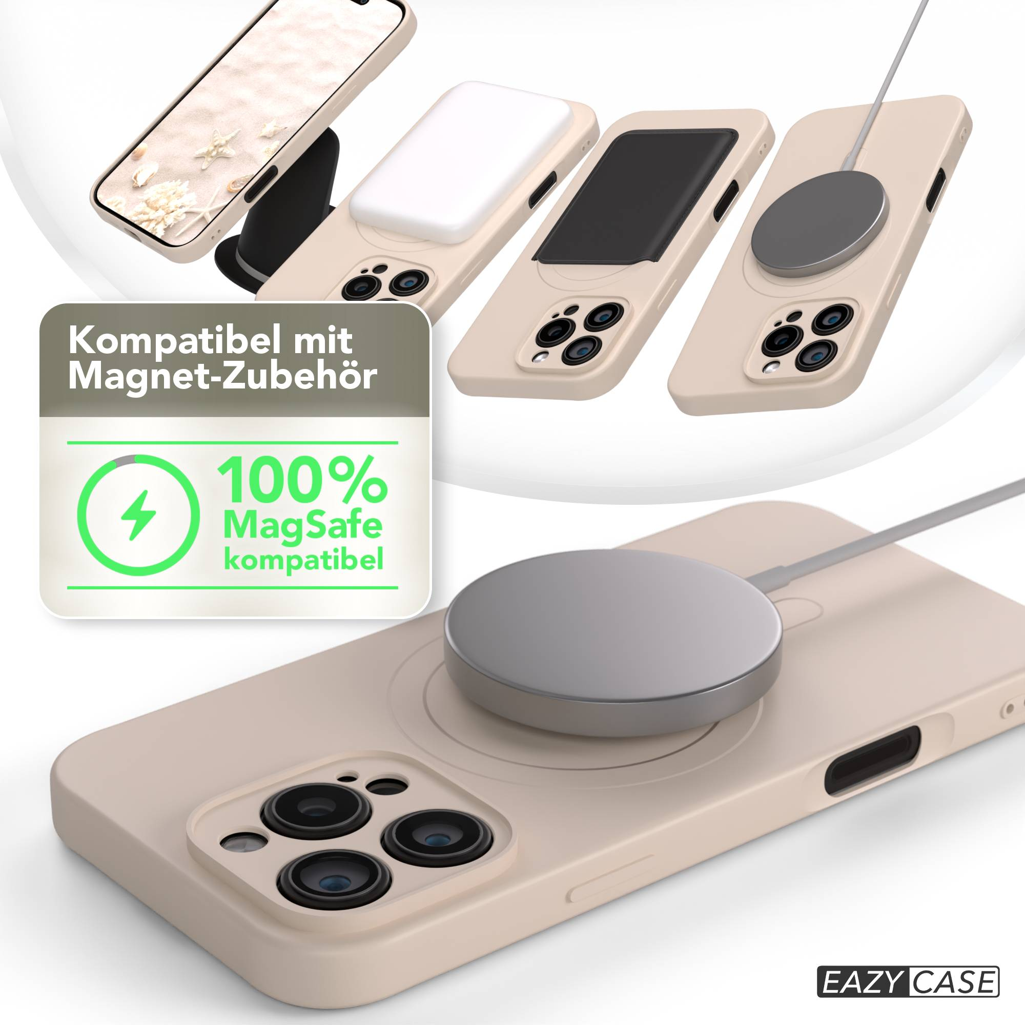 Das Bild zeigt beige Handyhüllen mit magnetischem Zubehör. Ein MagSafe-Ladegerät ist befestigt. Eine Grafik behauptet 100% MagSafe-Kompatibilität.