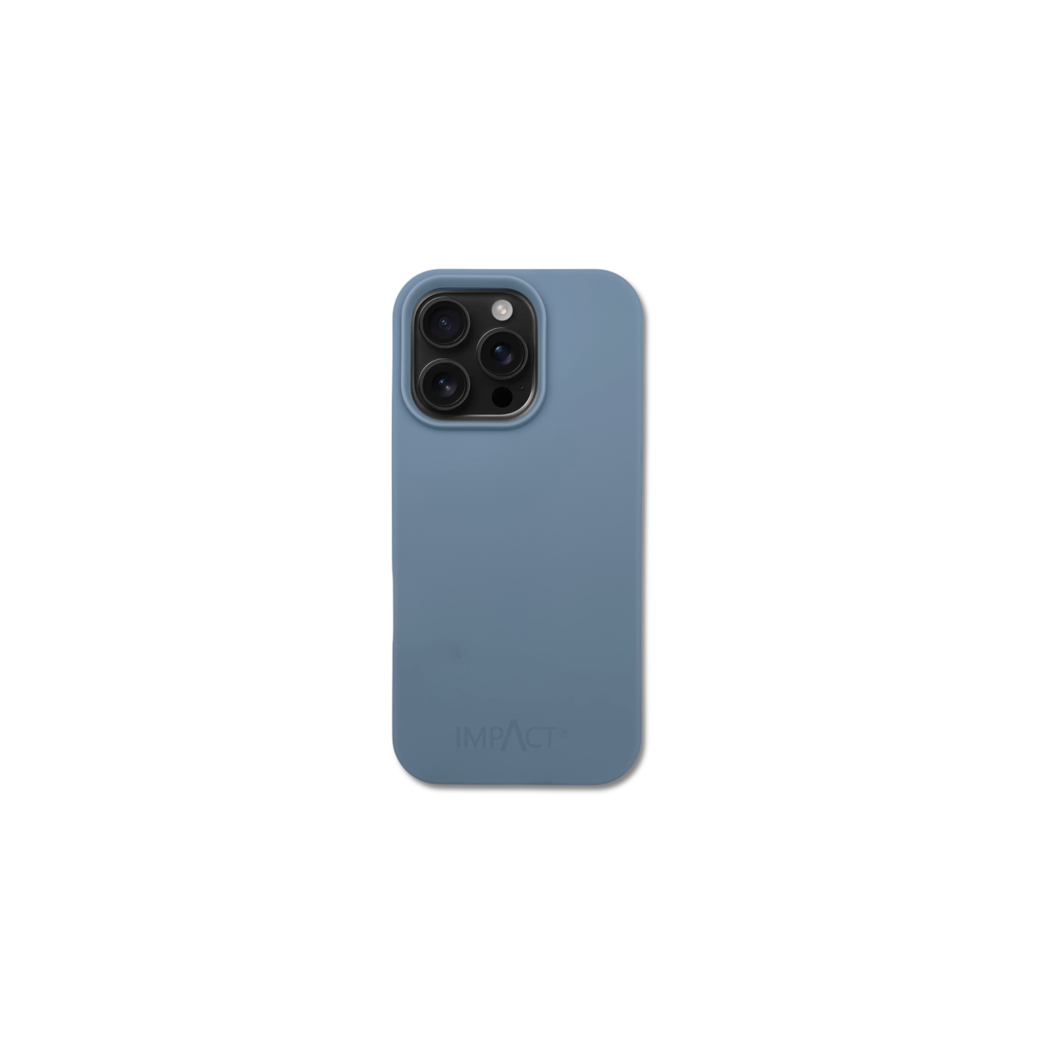 Una custodia blu per telefono è centrata su uno sfondo bianco. Ha un rilievo della fotocamera con tre lenti.