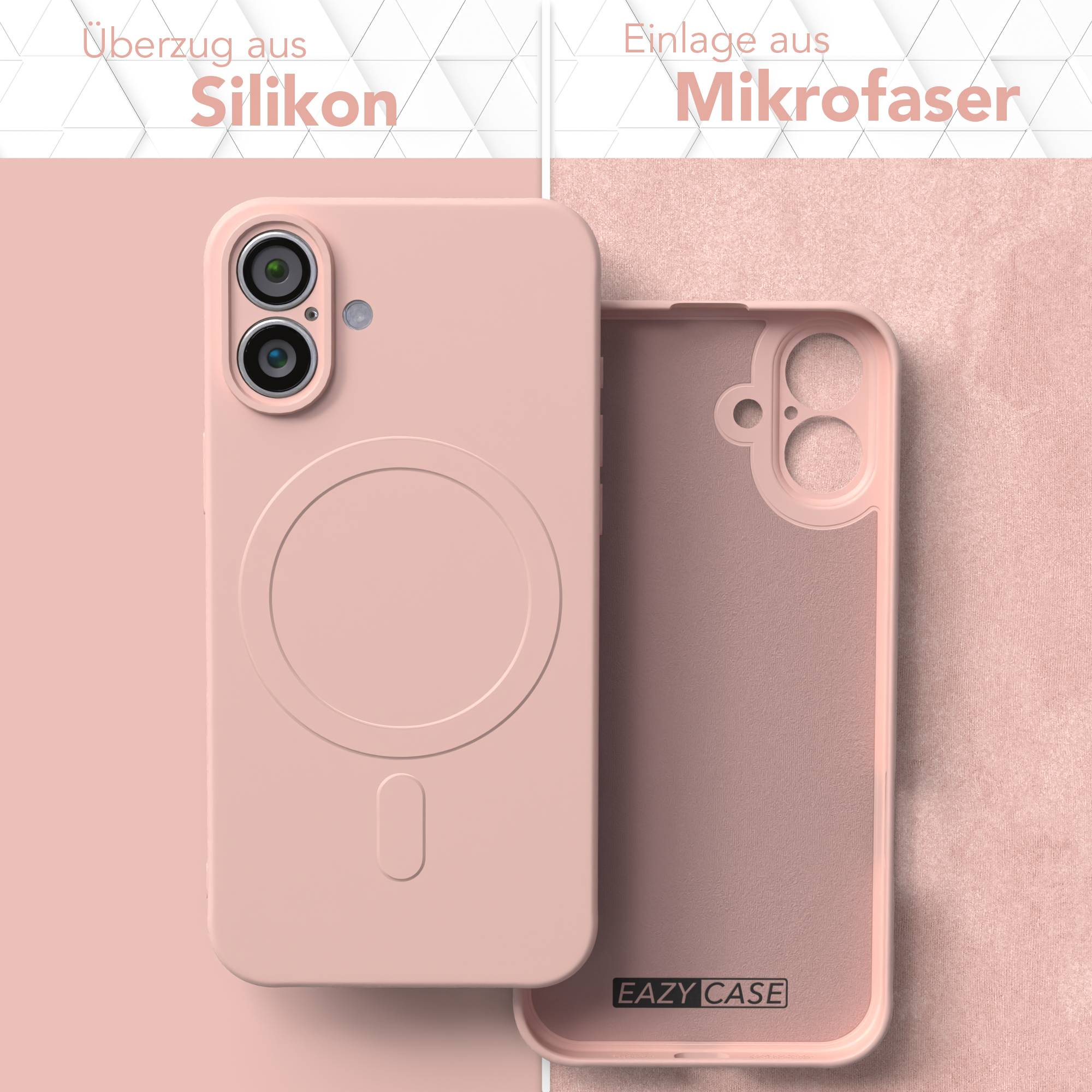 Geöffnete rosa Handyhülle mit weichem Mikrofaser-Innenraum. Die Hülle ist mit 'EAZY CASE' beschriftet.