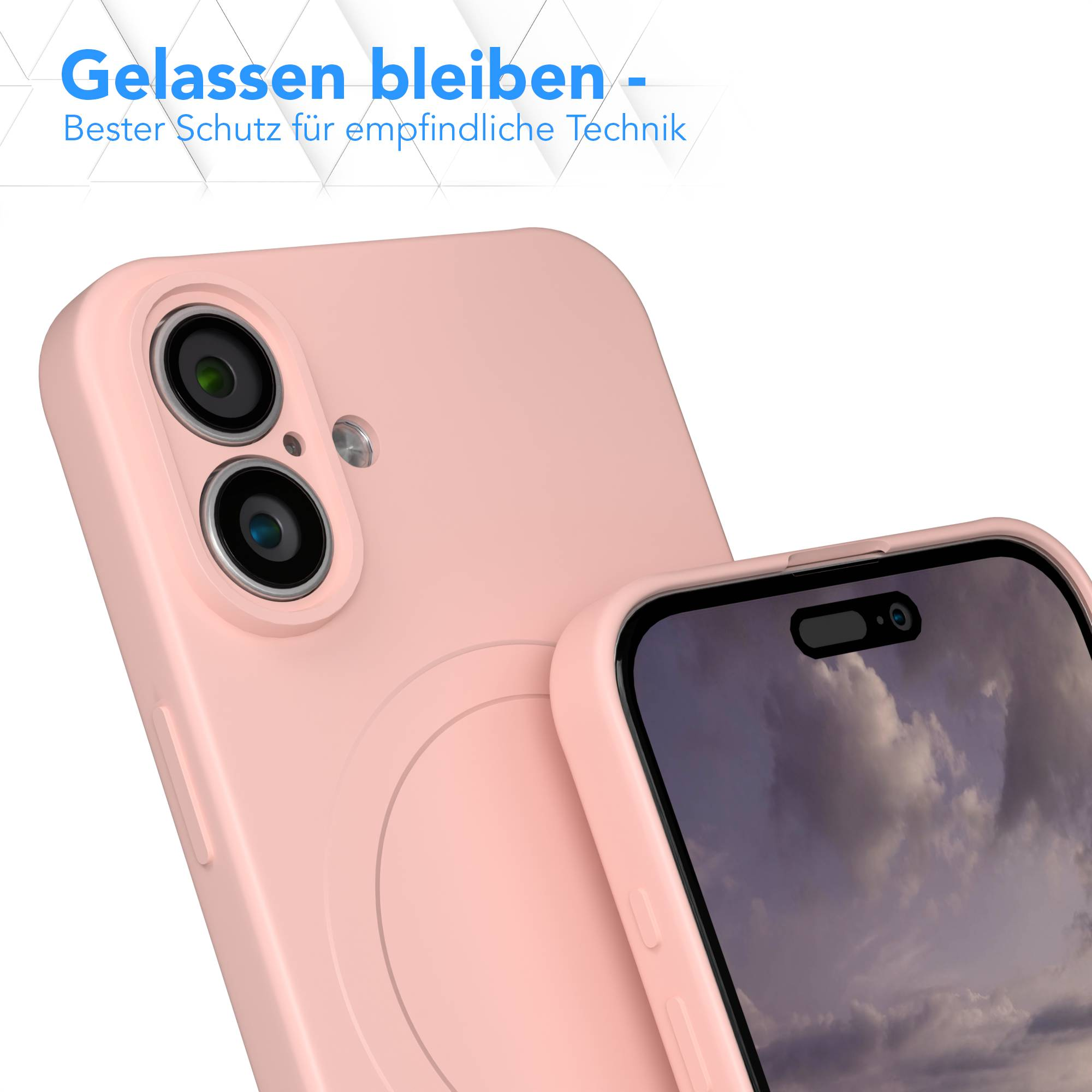 Rosa Handyhülle mit Handy, blauer Text oben und weißem Hintergrund. Fokus auf den Handykameras.