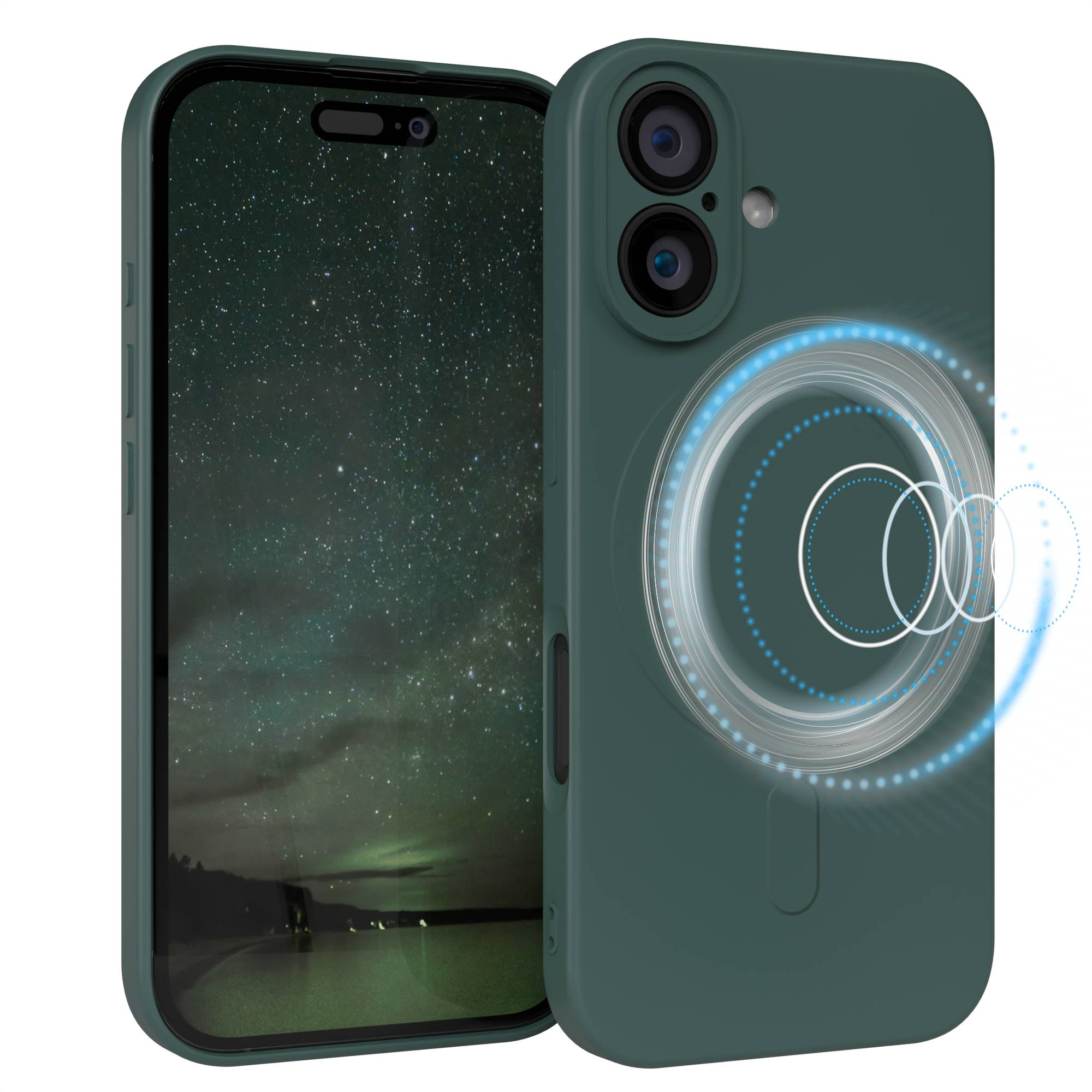 Grüne Handyhülle mit Handy. Das Telefon zeigt eine Nachtszene. Die Hülle hat einen leuchtenden Magnetringumriss.