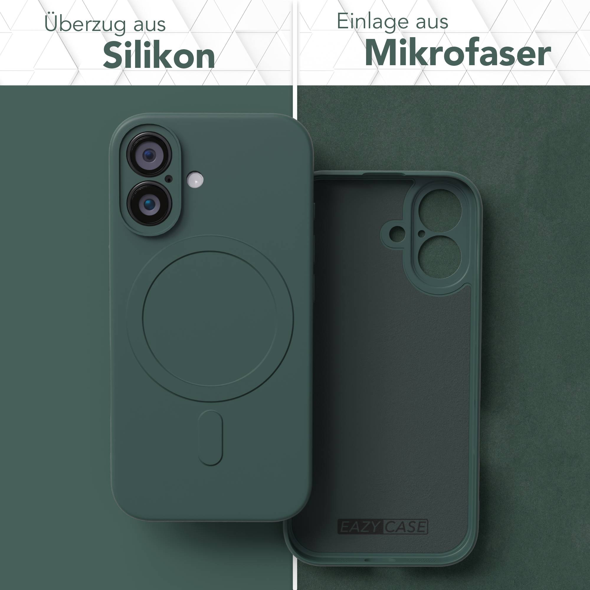 Eine grüne Handyhülle, geöffnet, um die Innenseite zu zeigen. Auf der linken Seite steht 'Silikon', rechts 'Mikrofaser'.