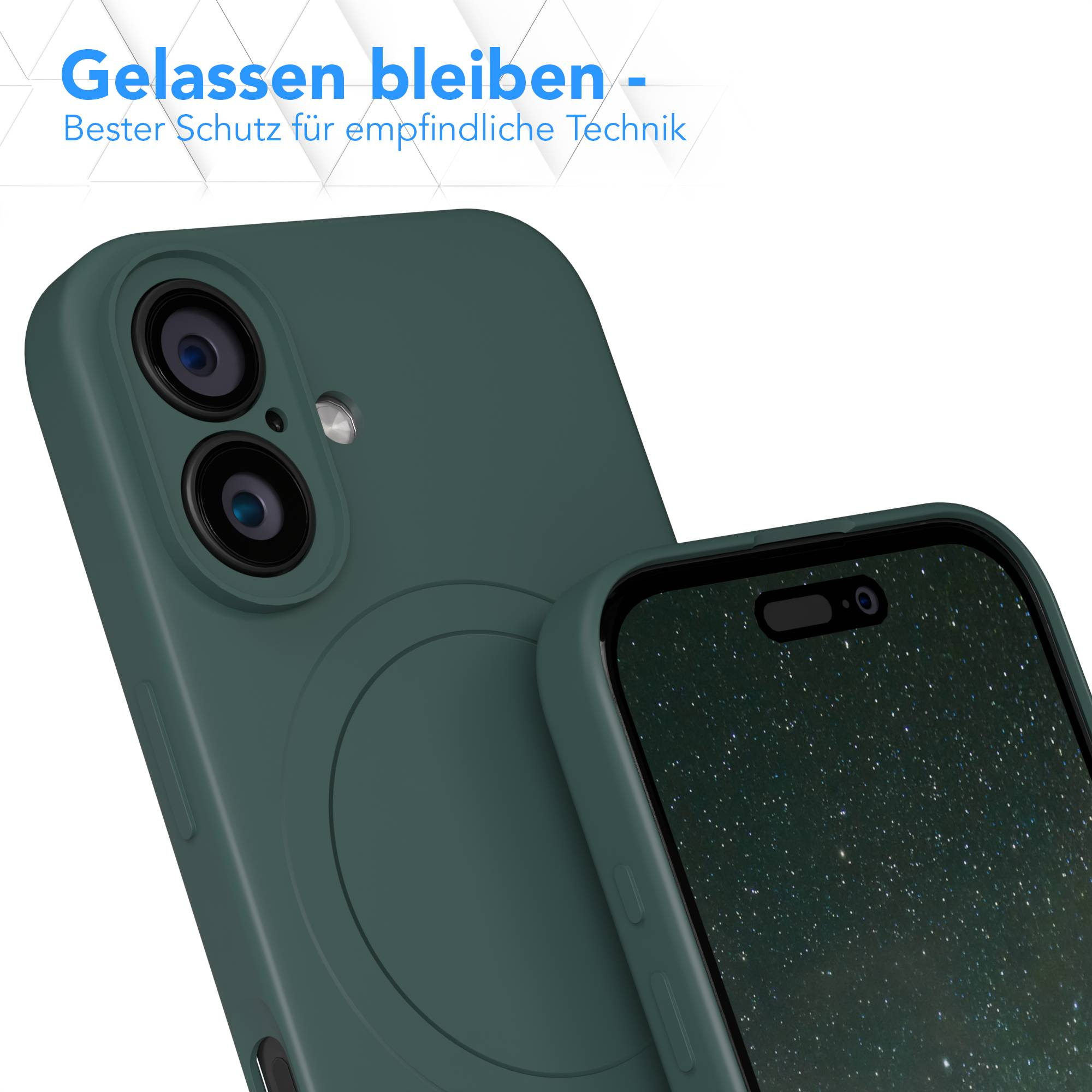Nahaufnahme einer grünen Handyhülle mit zwei Kameralinsen. Ein weiteres Telefon mit Sternennacht.