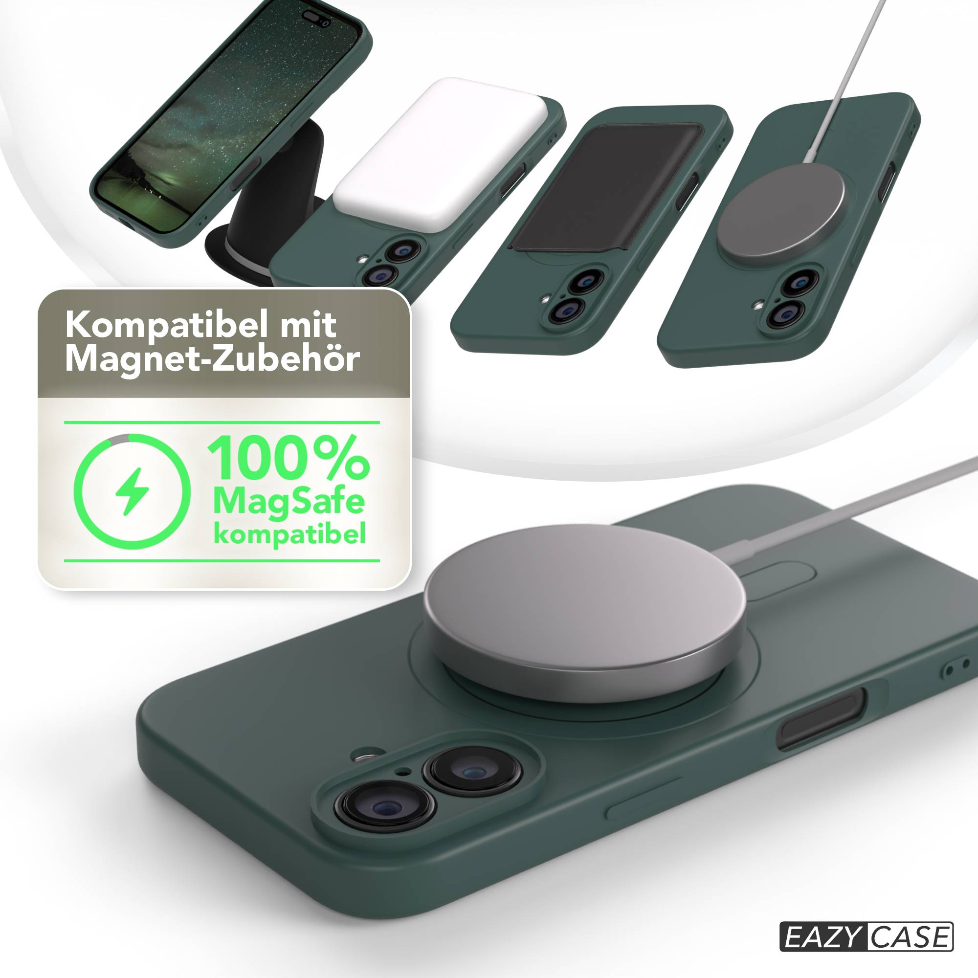 Das Bild zeigt Handyhüllen und Zubehör. Die Hüllen sind grün, mit Ladepads. Eine Grafik zeigt MagSafe-Kompatibilität. Eazy Case-Logo unten.