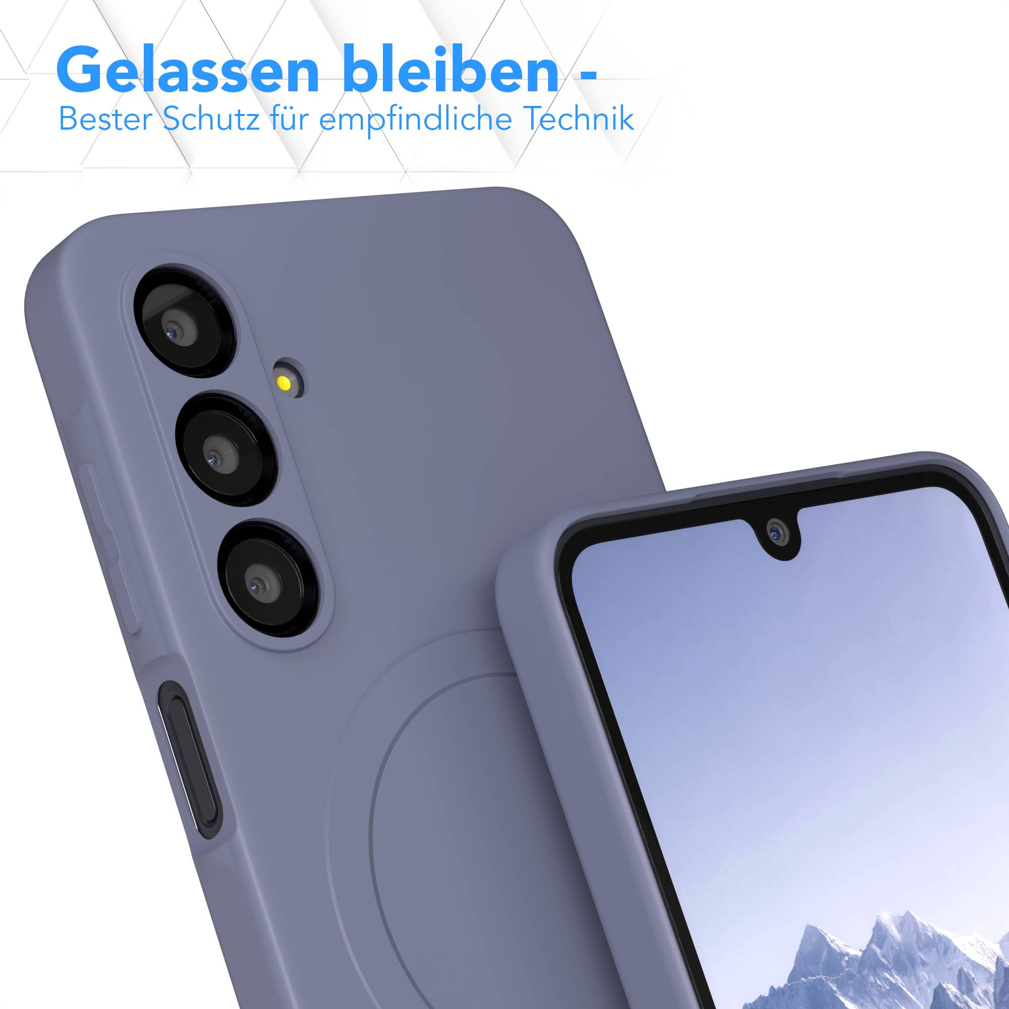 Eine hellviolette Handyhülle wird angezeigt, wobei der Bildschirm sichtbar ist. Der Hintergrund hat deutschen Text.