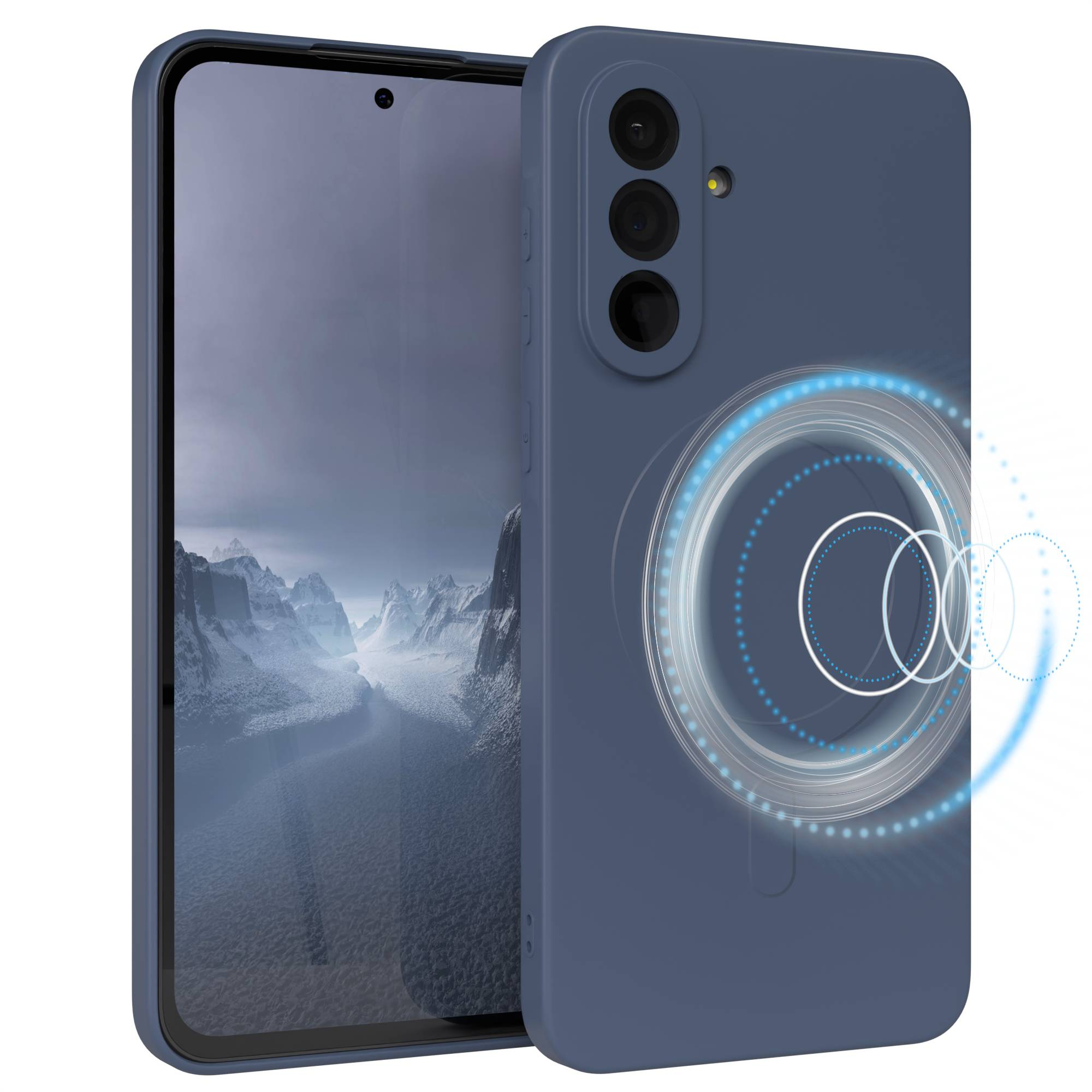 Eine blaue Handyhülle mit einem Telefon darin. Das Telefon zeigt eine schneebedeckte Berglandschaft. Ein leuchtendes Kreisdesign befindet sich auf der Hülle.