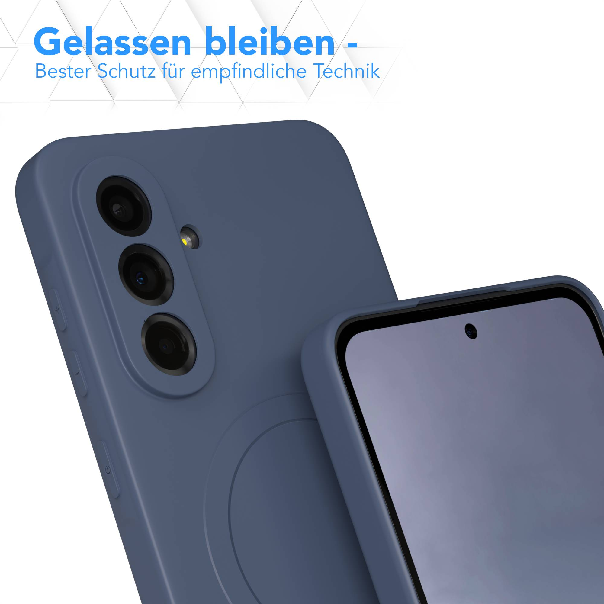Eine blaue Handyhülle mit Displayschutzfolie, das Telefon zeigt die Kameralinsen. Deutscher Text 'Gelassen bleiben' ist sichtbar.