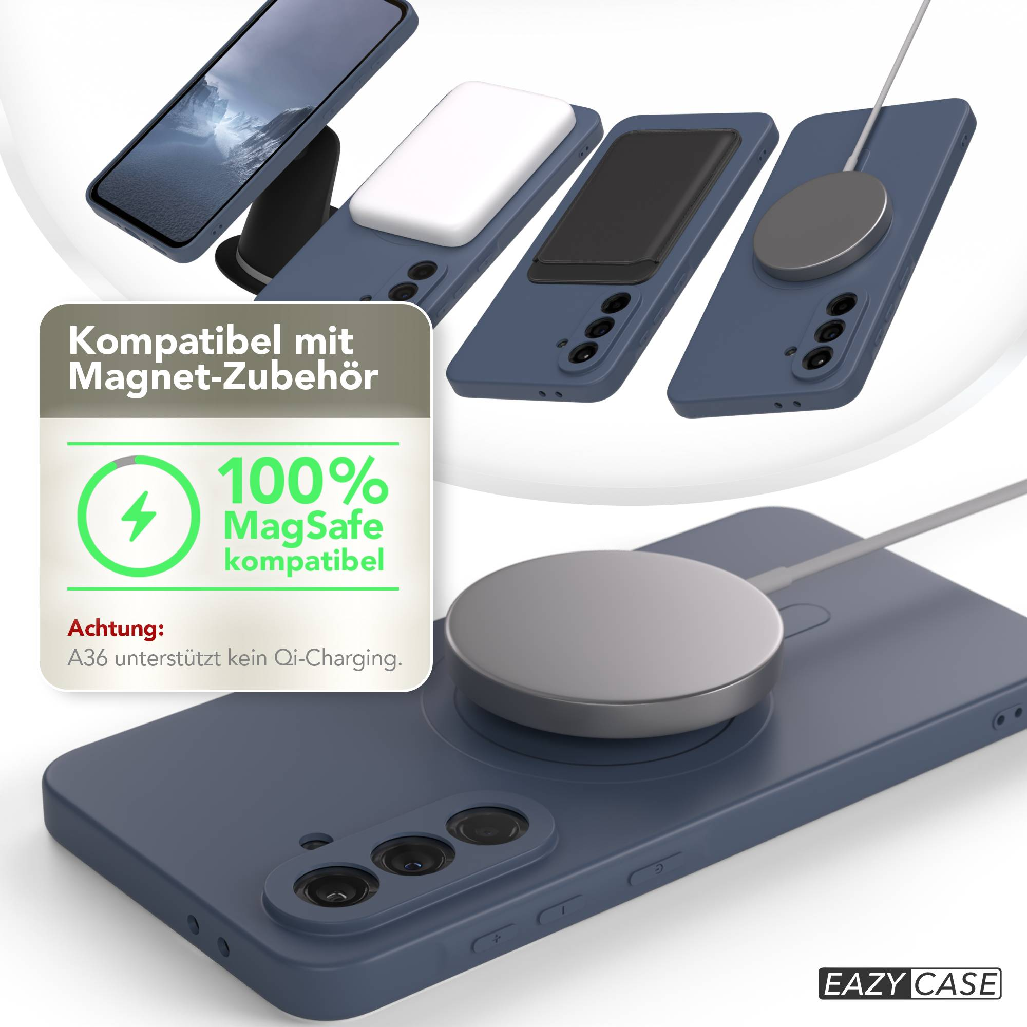Das Bild zeigt blaue Handyhüllen mit Zubehör. Ein Ladepad ist angeschlossen. Der Text lautet: 'MagSafe-kompatibel'.