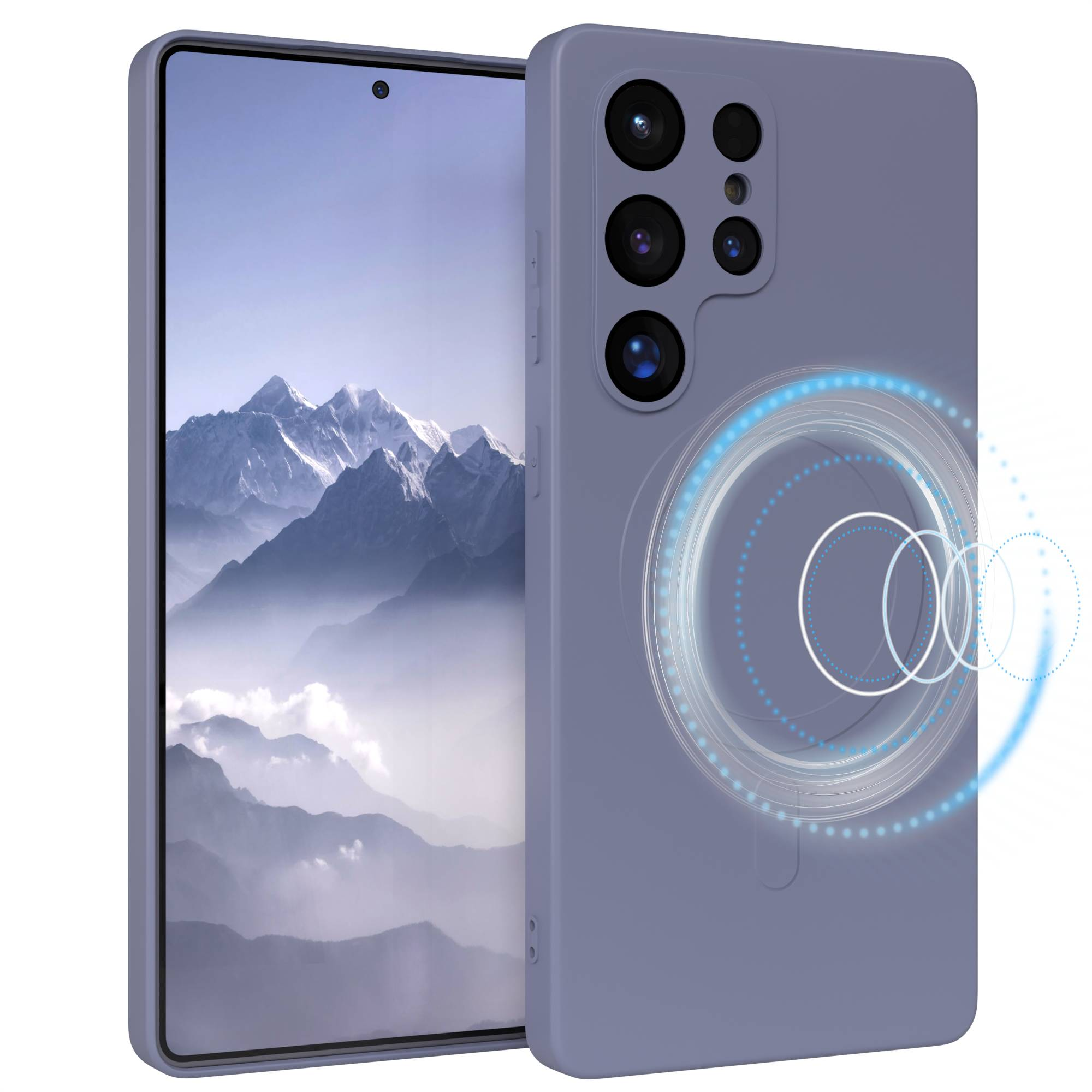 Ein Smartphone mit Hülle. Der Bildschirm zeigt eine Bergkette. Die Hülle hat Kameras und ein leuchtendes Design.