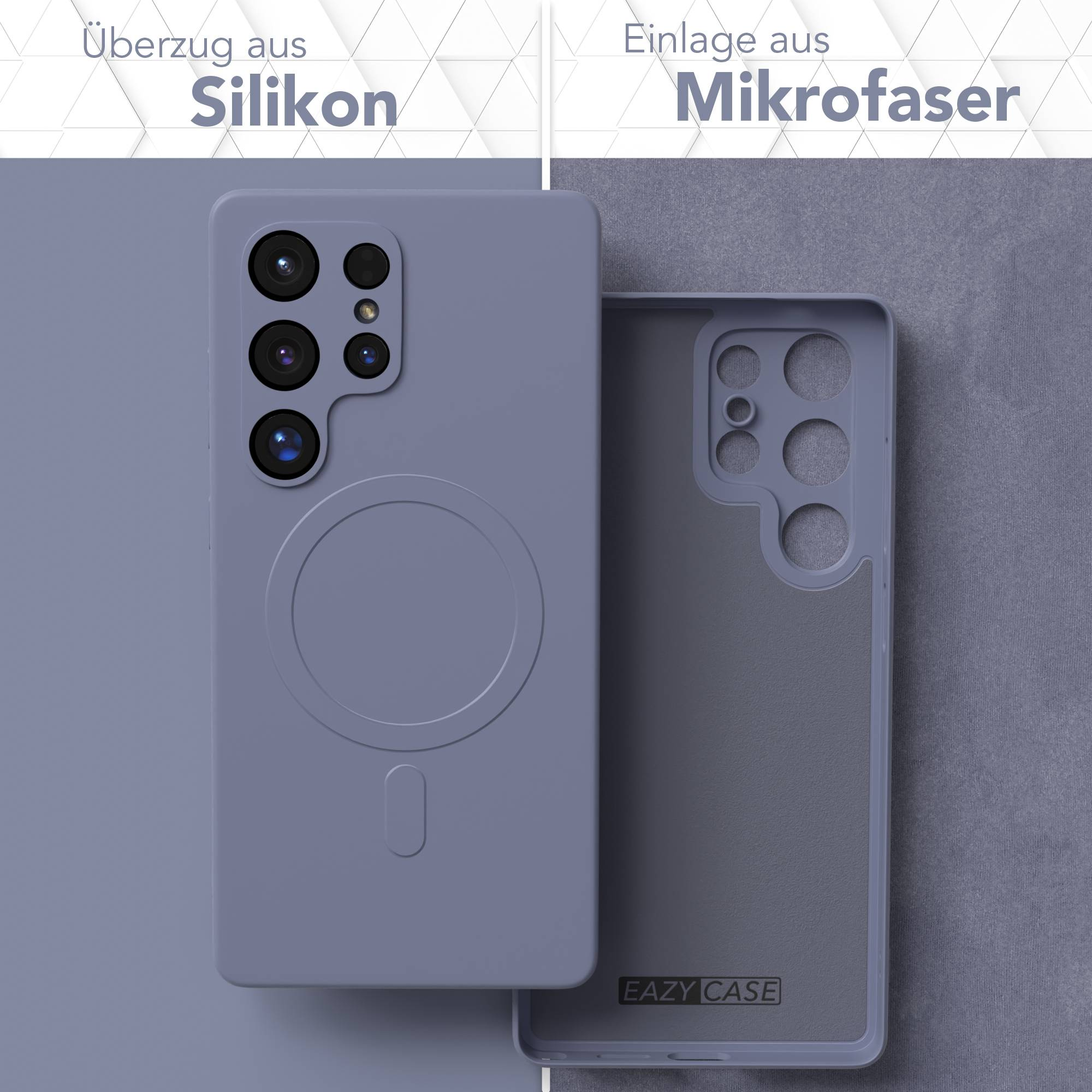 Eine Handyhülle mit Silikon außen und Mikrofaser innen. Die Hülle ist grau. Der Text oben lautet 'Silikon' und 'Mikrofaser'.
