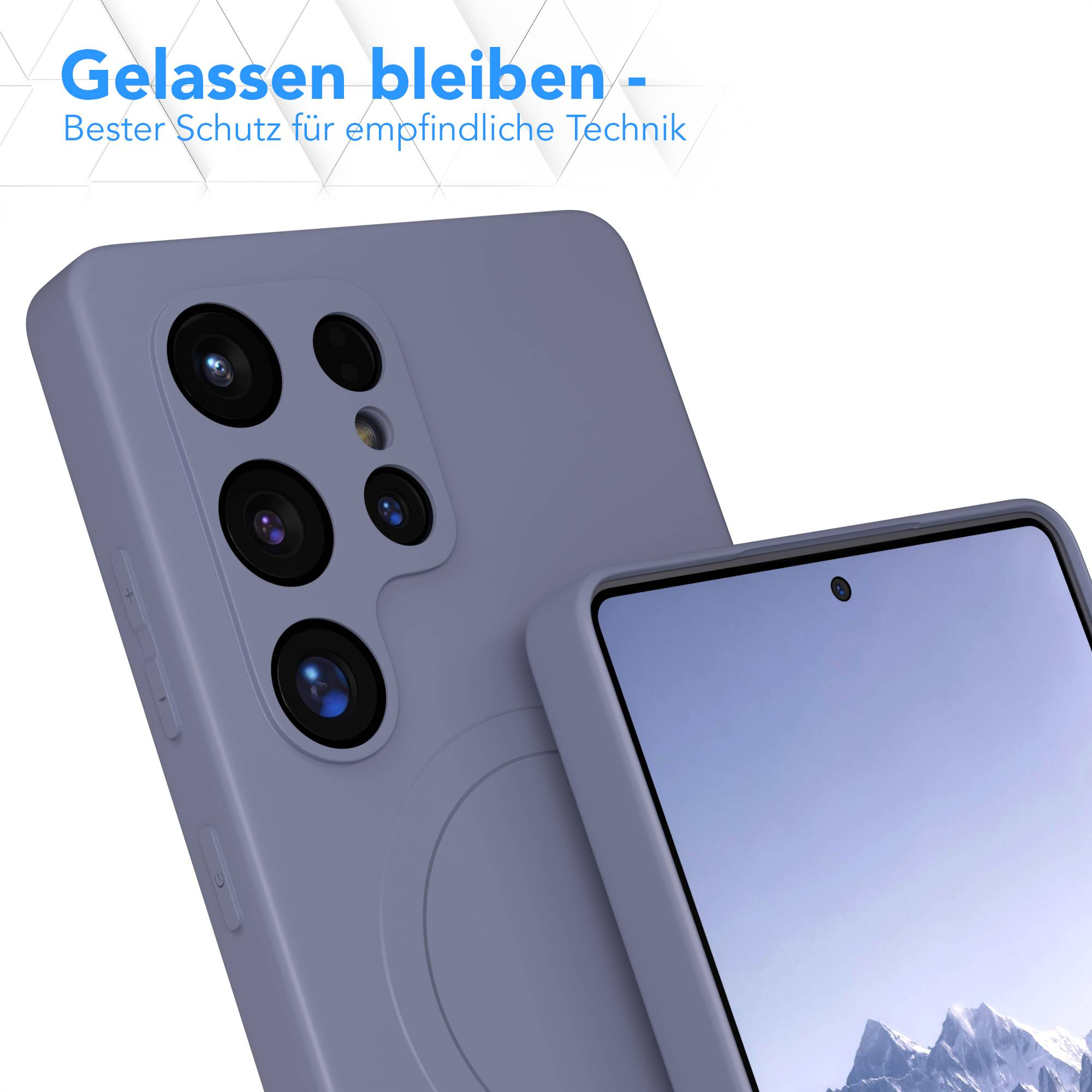 Ein lila Handyhülle mit mehreren Kameralinsen wird angezeigt. Der Telefonbildschirm ist sichtbar. Text oben lautet 'Gelassen bleiben'.