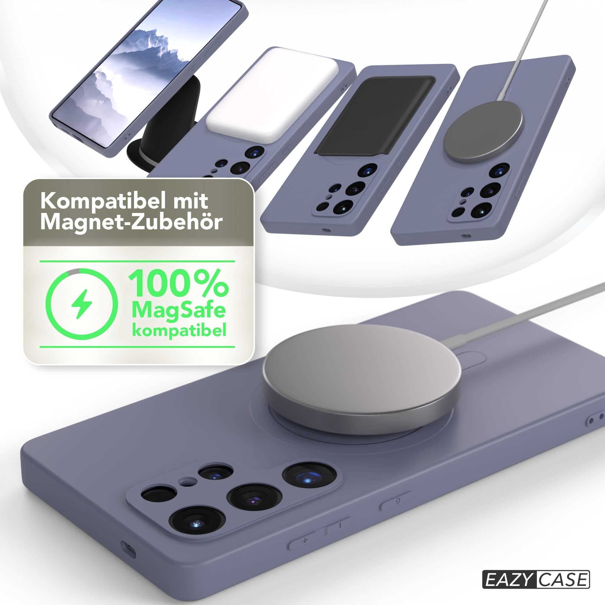 Das Bild zeigt Handyhüllen mit MagSafe-Zubehör. Blaue Hüllen mit weißen oder grauen Magnetaufsätzen. Ein Logo zeigt die Marke.