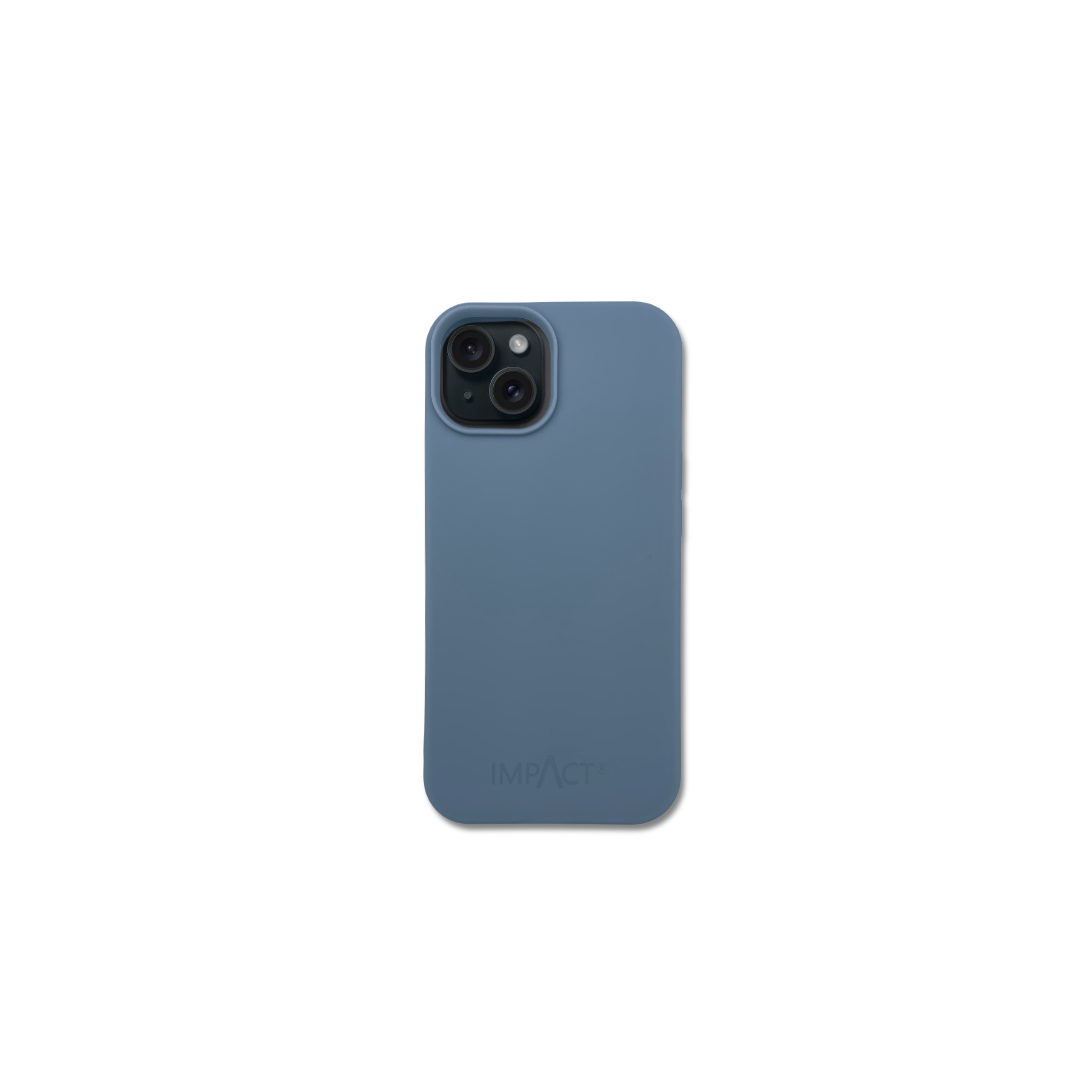 Una custodia blu per telefono con due lenti della fotocamera e la parola IMPACT.