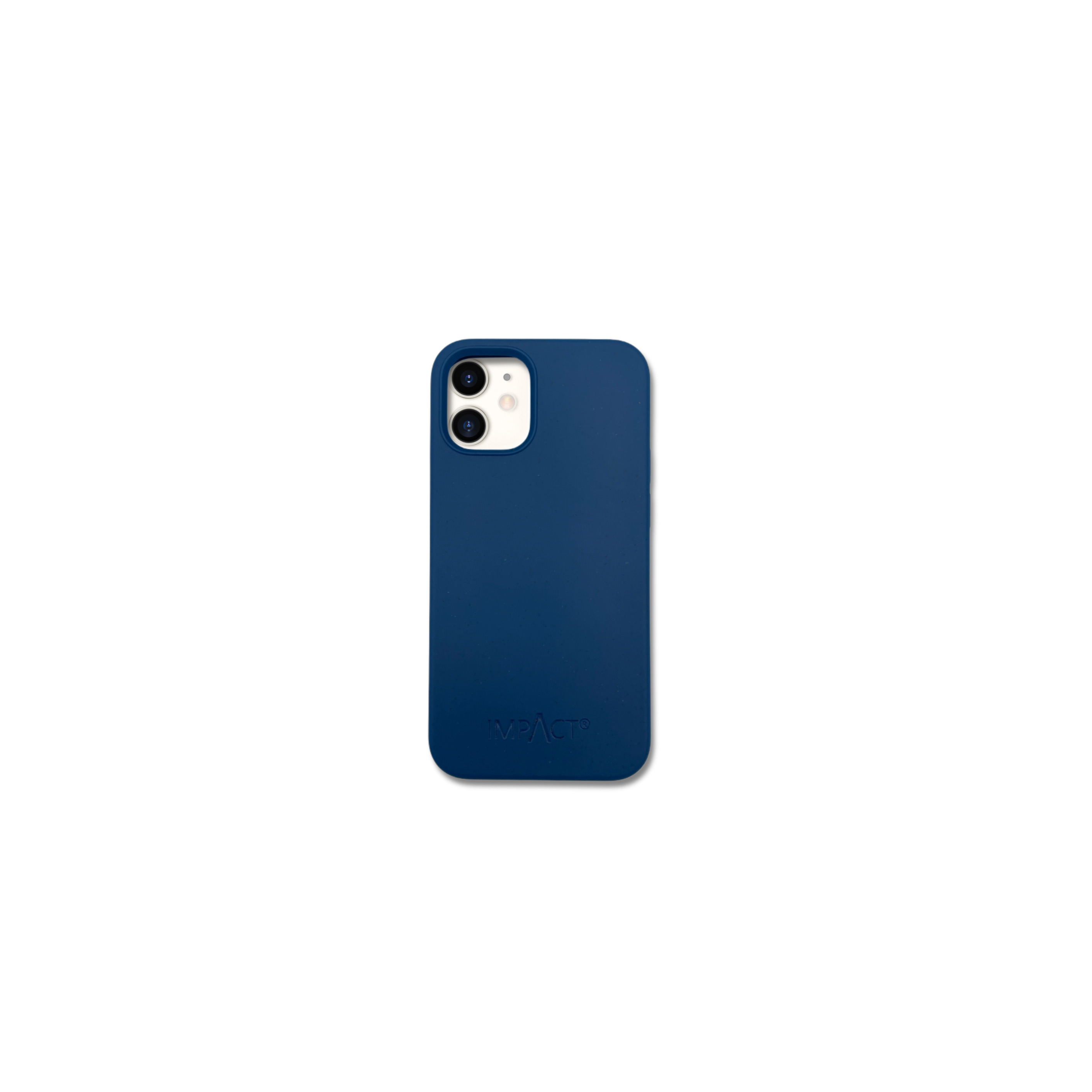 Una custodia blu navy su sfondo bianco. La custodia ha un ritaglio per la fotocamera e il nome del marchio in basso.