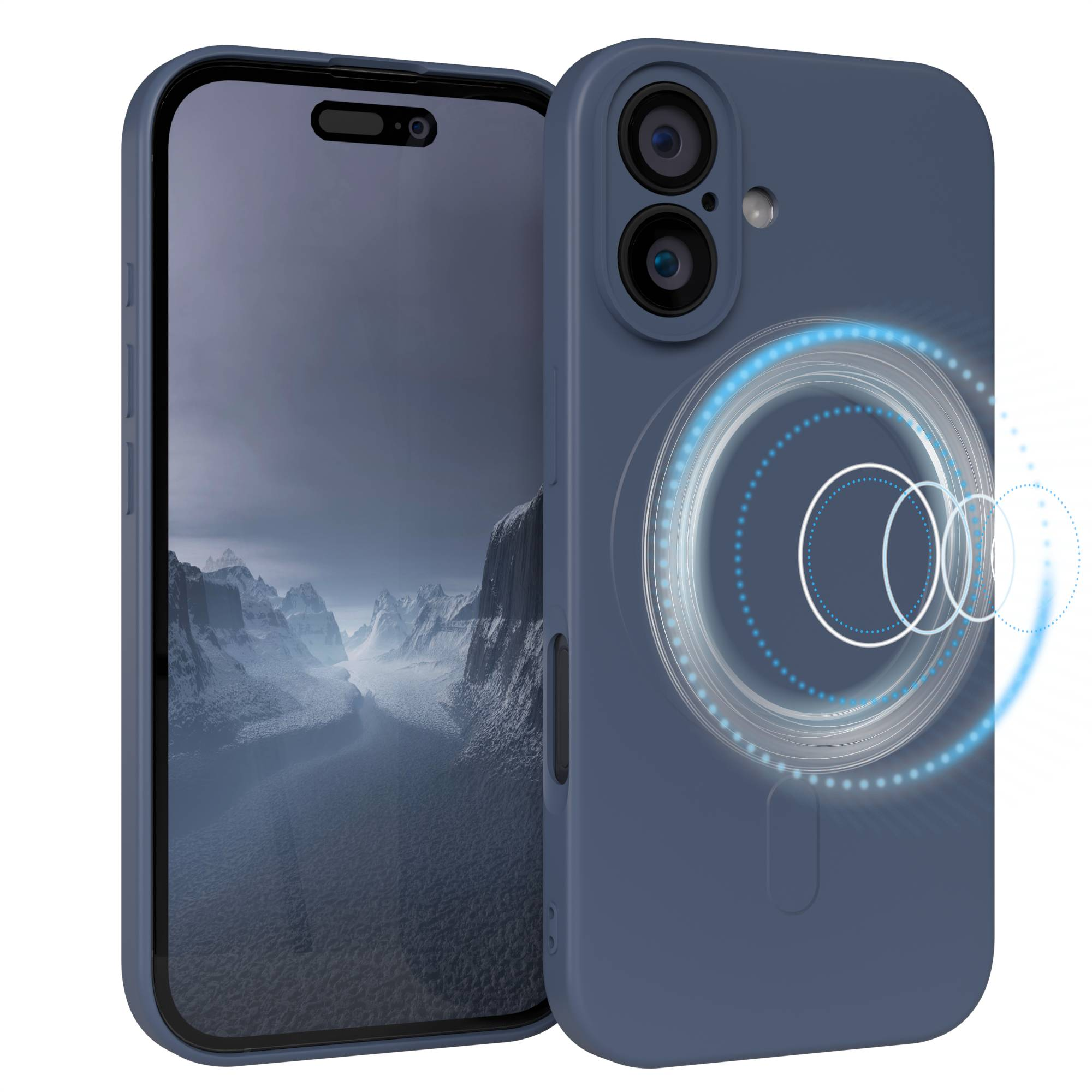 Eine blaue Handyhülle mit einem Handy darin. Das Handy zeigt eine Berglandschaft. Die Hülle hat einen Magnetring.