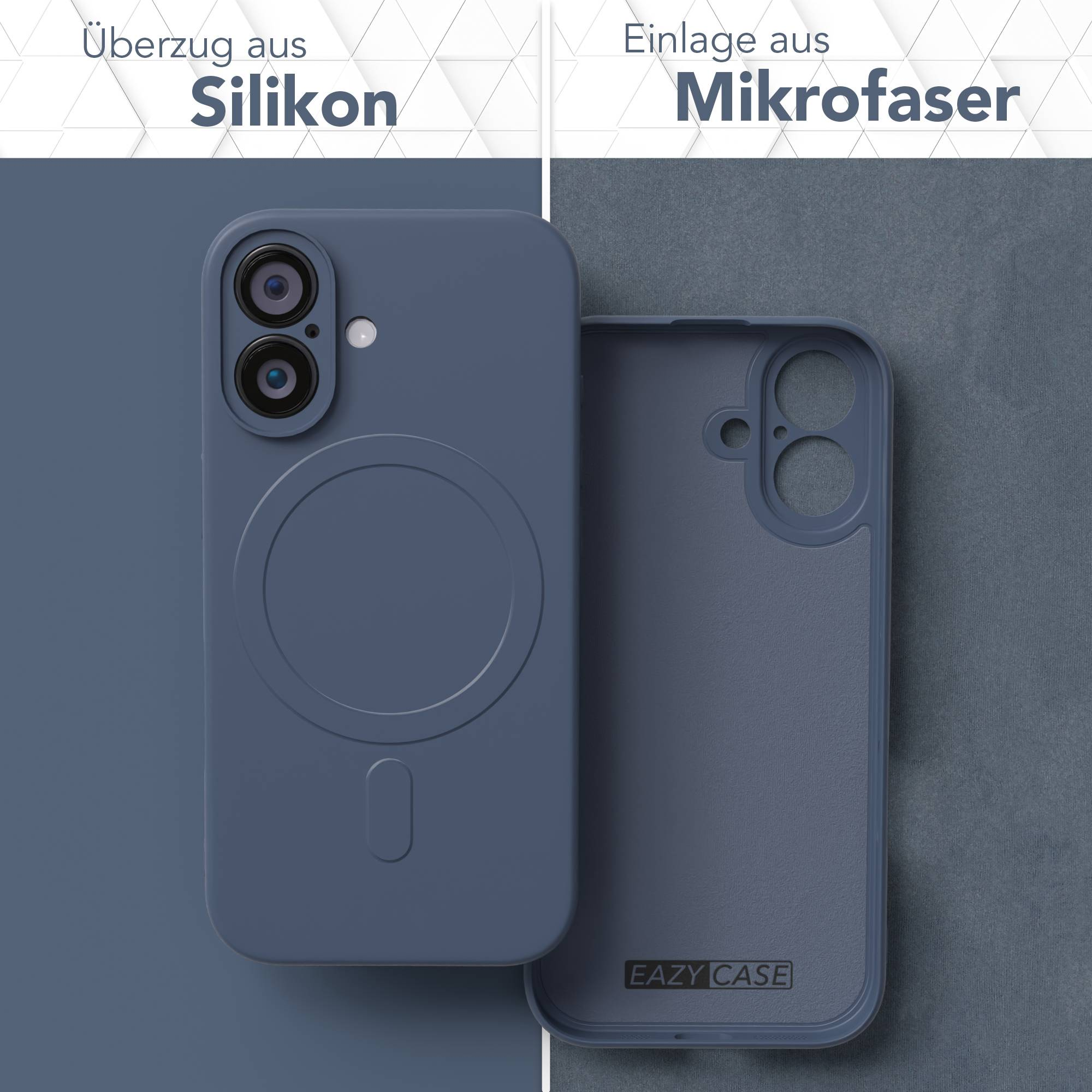 Eine blaue Handyhülle, Silikon außen, Mikrofaser innen. Die Hülle ist offen und zeigt beide Seiten. Der Hintergrund ist grau.