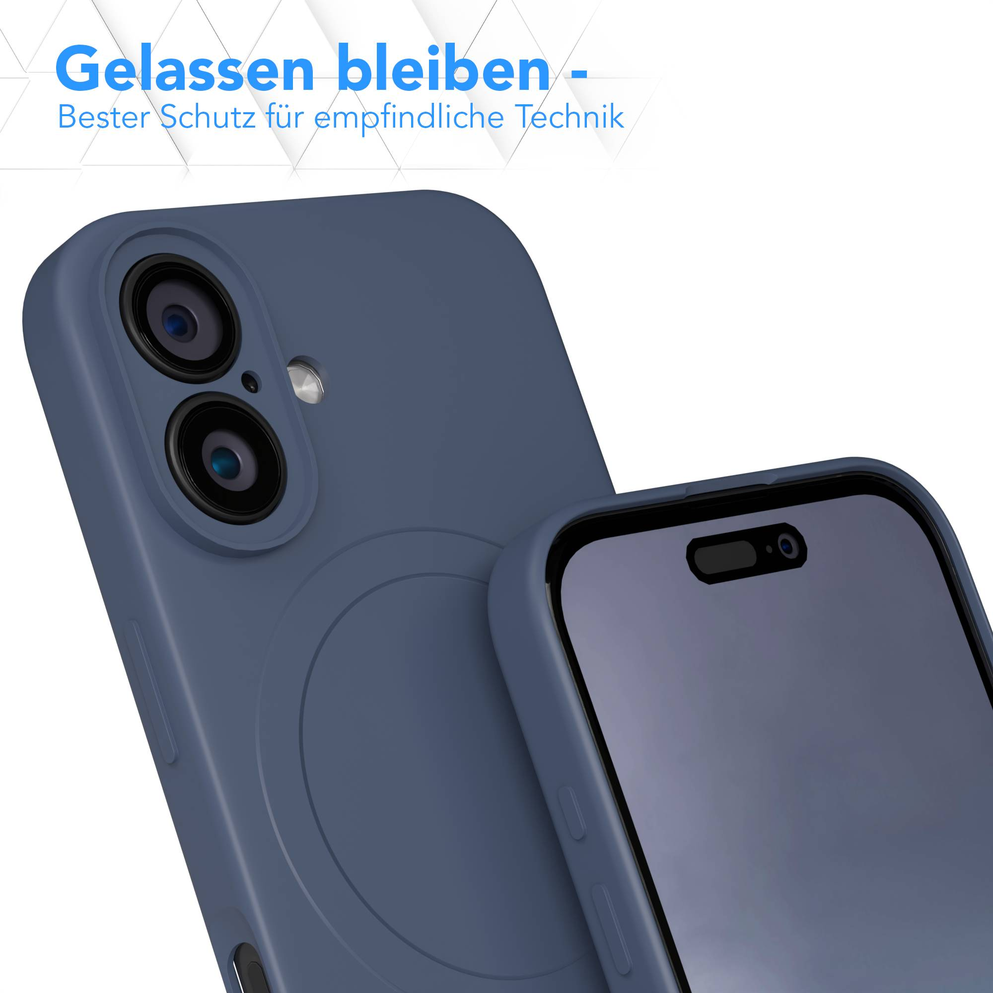 Blaue Handyhülle mit Bildschirm und Kameradetails. Text im Hintergrund: 'Gelassen bleiben - Bester Schutz für empfindliche Technik'.