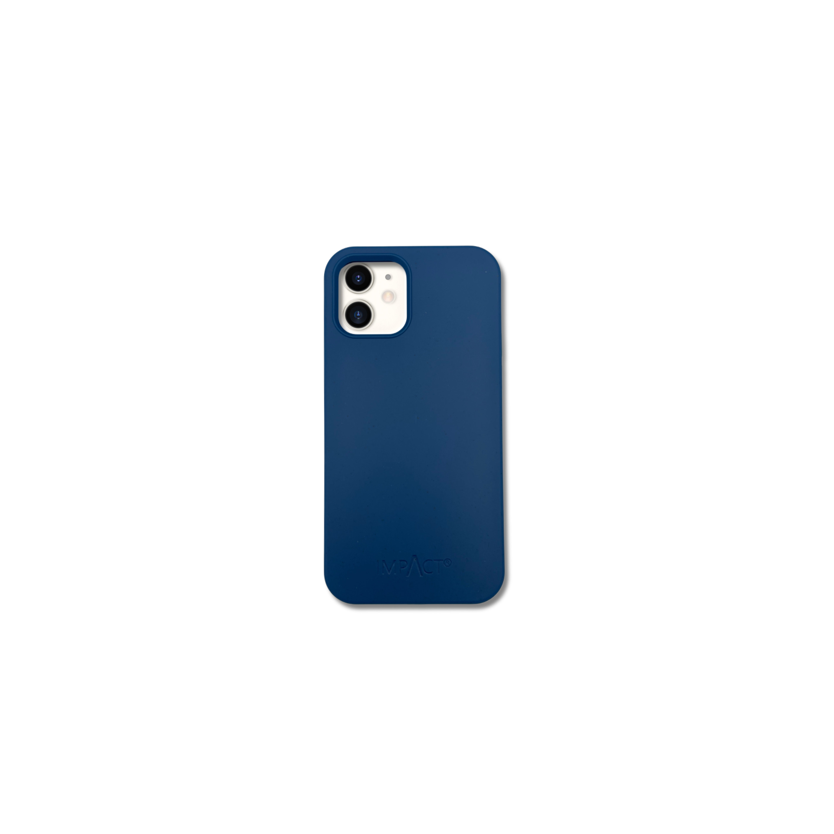 Una custodia blu navy con sezione fotocamera bianca e logo 'MPACT' in basso.
