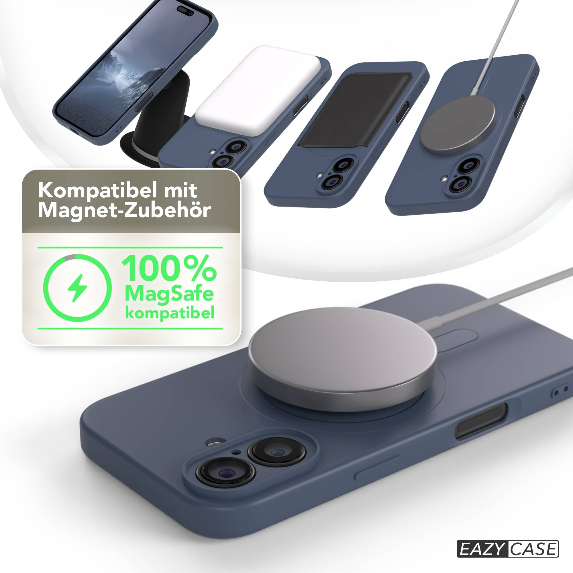 Das Bild zeigt Handyhüllen mit MagSafe-Zubehör. Die Hüllen sind blau, weiß und schwarz. Ein grünes und weißes Logo zeigt 100% MagSafe kompatibel.