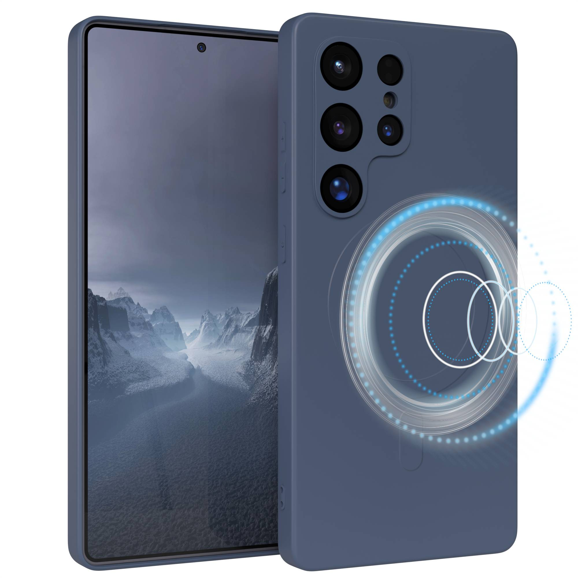 Telefon mit blauem Gehäuse. Der Bildschirm zeigt Berge. Das Gehäuse hat einen magnetischen Ladekreis.