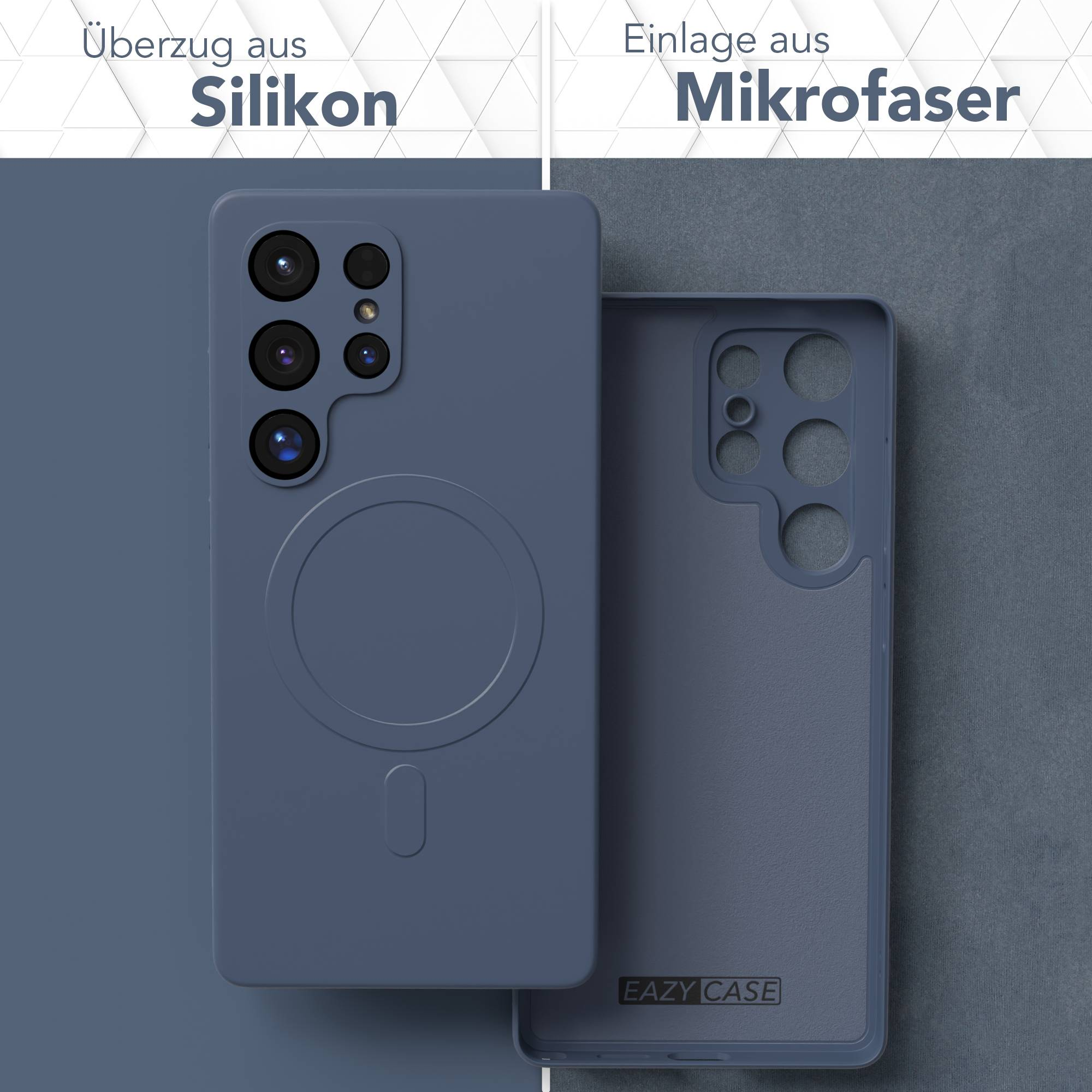 Blaue Handyhülle mit Mikrofaser-Einsatz, Silikonhülle. Die Hülle hat Kameraausschnitte und einen Magnetkreis.
