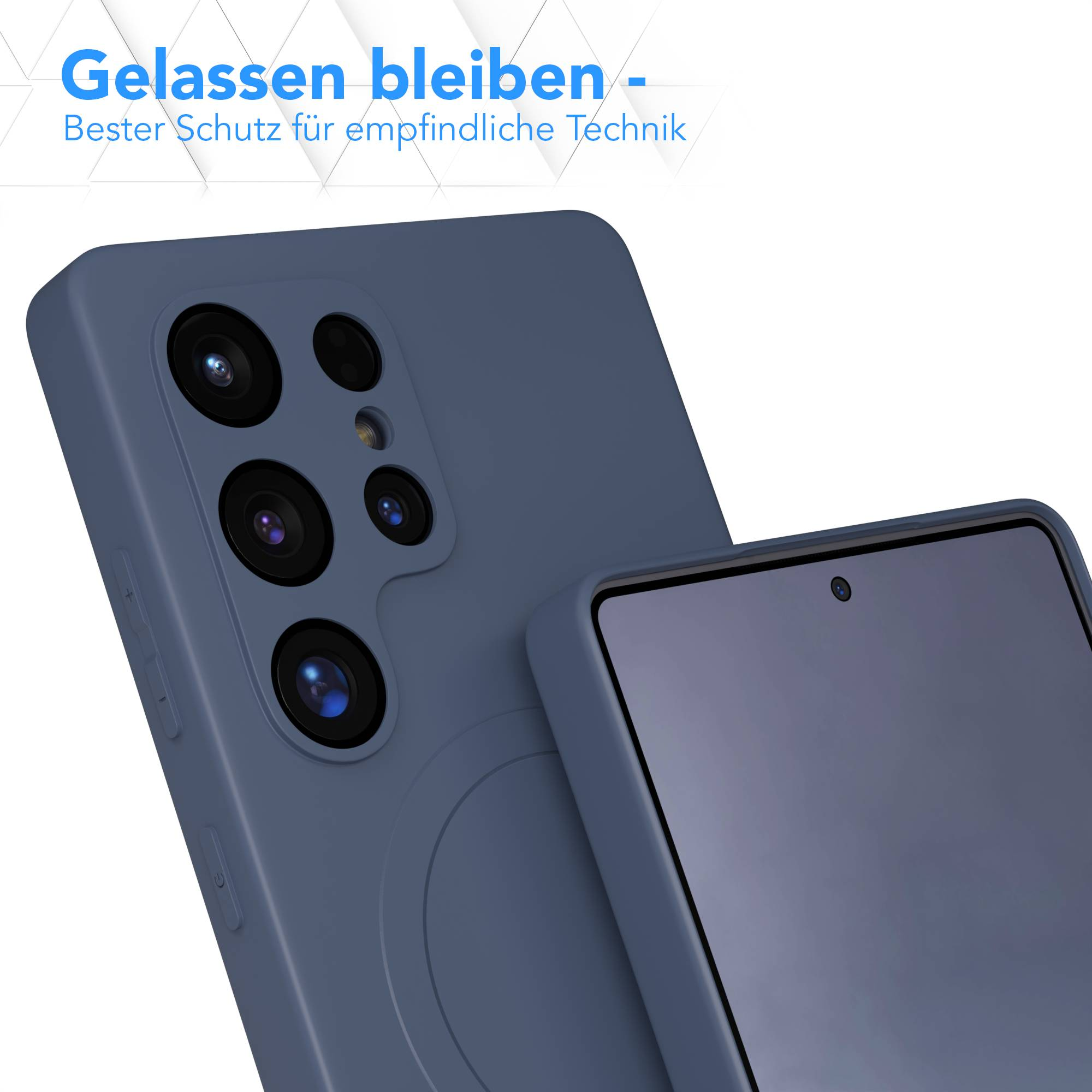 Blaue Handyhülle mit Displayschutz. Die Hülle hat mehrere Kameralinsen. Der Text oben lautet 'Gelassen bleiben'.