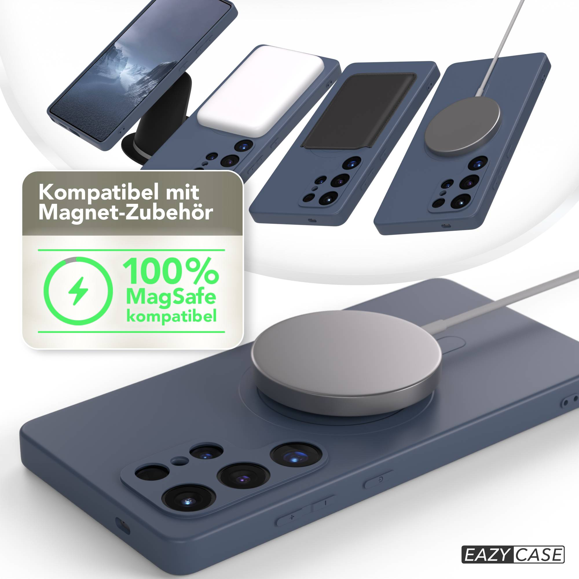 Das Bild zeigt mehrere blaue Handyhüllen mit MagSafe-Zubehör. Eine Grafik besagt 100% MagSafe-kompatibel.