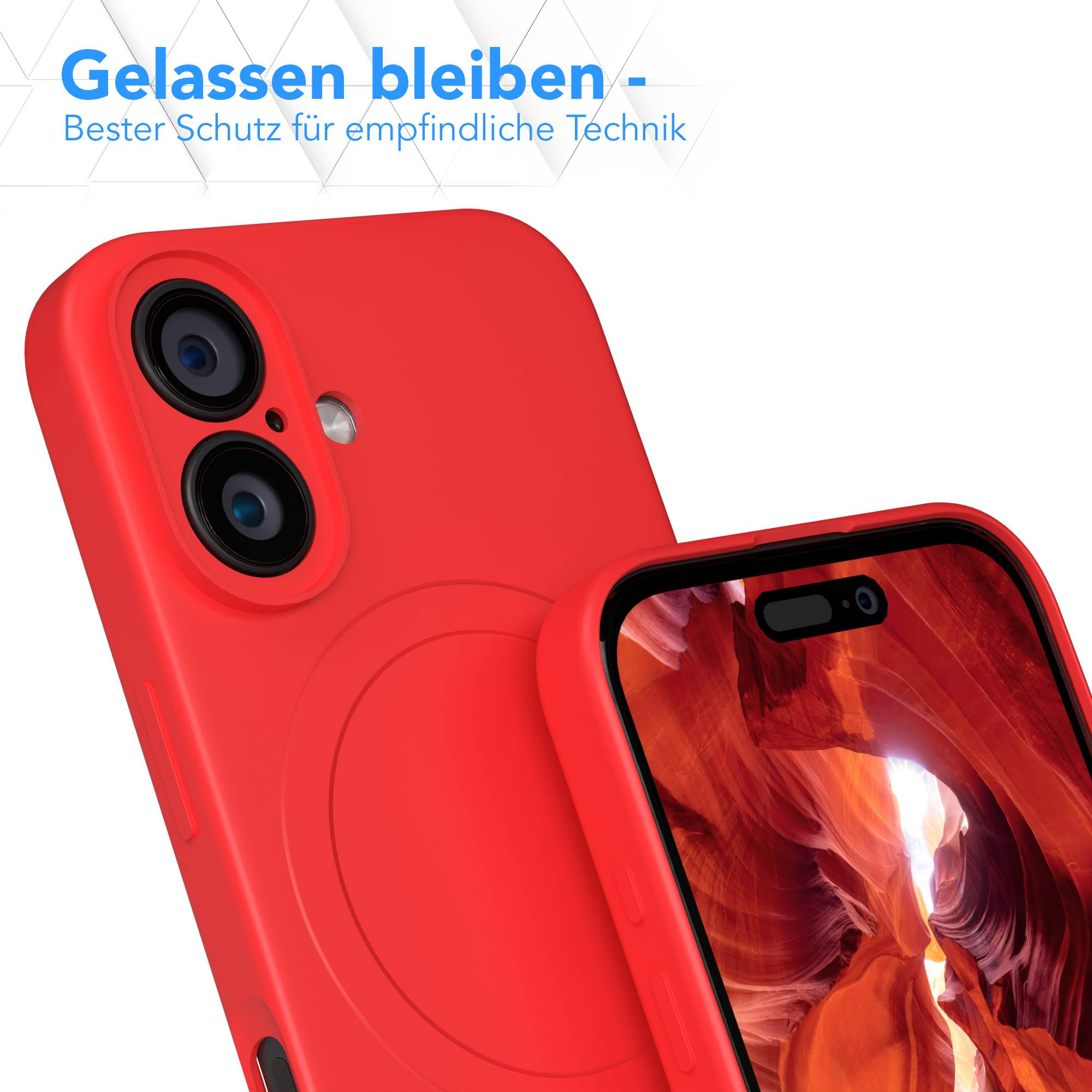 Zwei rote Telefonhüllen, eine über der anderen. Telefonkameras sind sichtbar. Text in Blau: 'Entspannt bleiben - Bester Schutz für empfindliche Technik'.