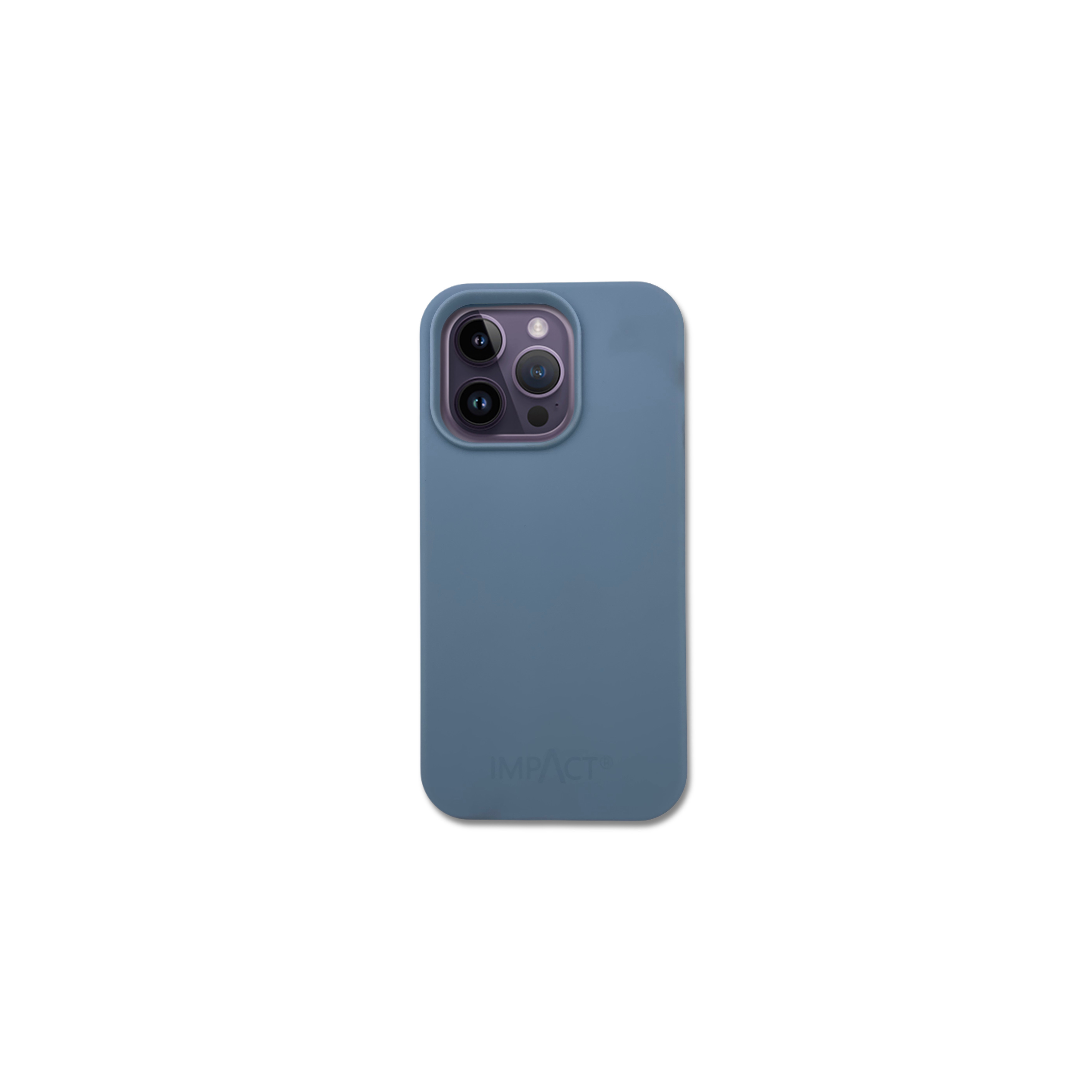 Una custodia blu per telefono è centrata su sfondo bianco. La custodia ha un ritaglio per la fotocamera con tre lenti.