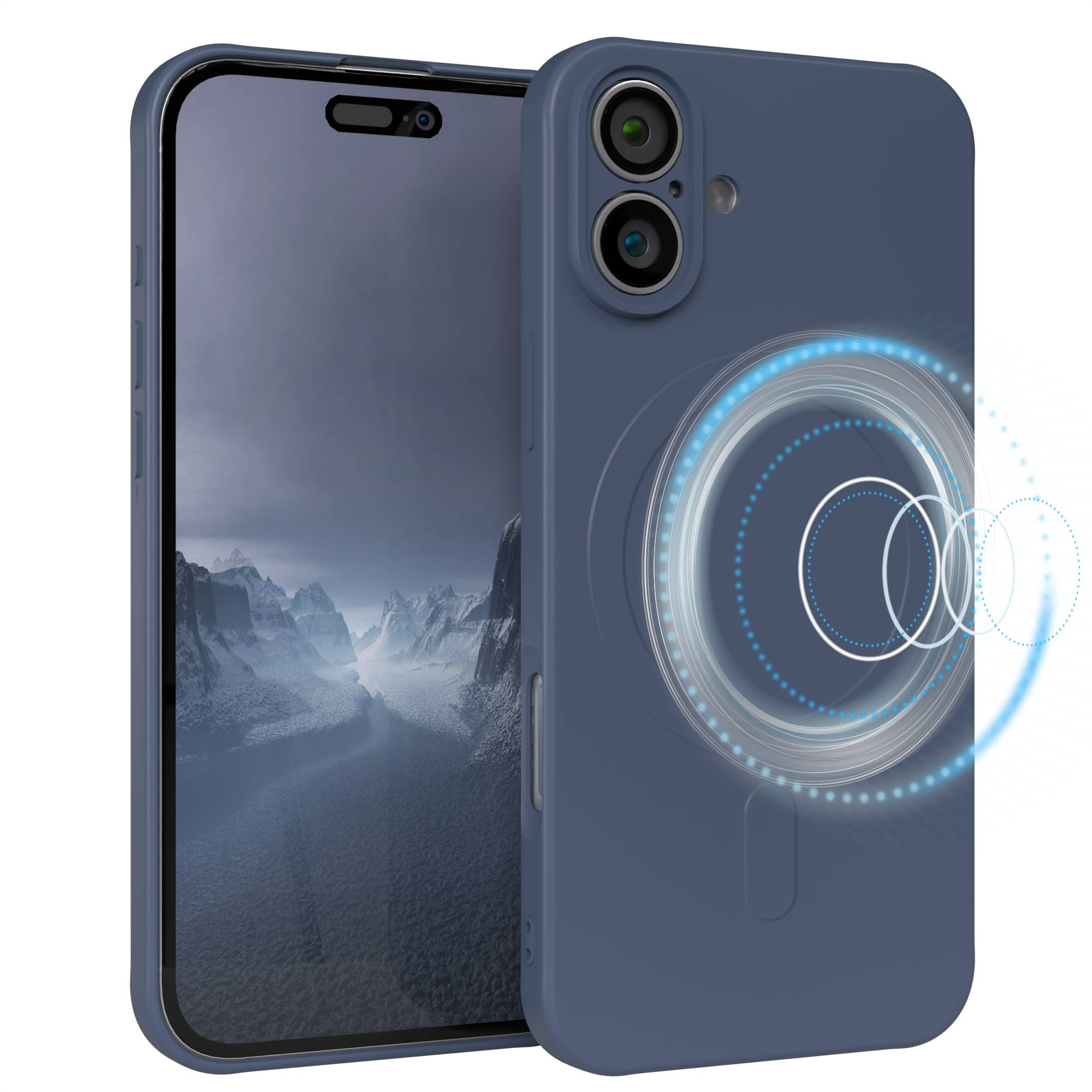 Eine blaue Handyhülle mit einem Telefon im Inneren, das eine Berglandschaft auf dem Bildschirm zeigt. Ein kreisförmiger Lichteffekt ist sichtbar.