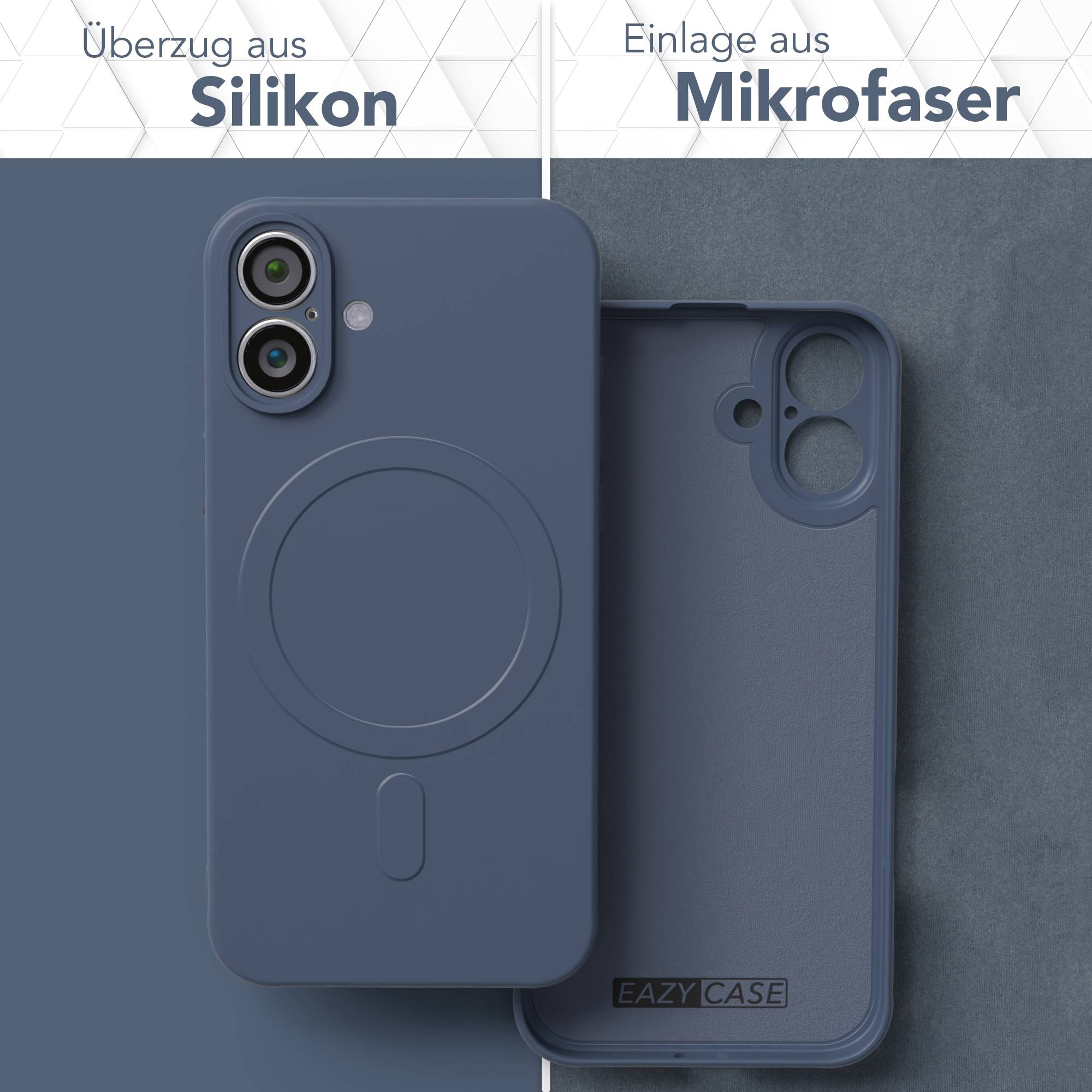 Eine blaue Handyhülle aus Silikon und Mikrofaser. Zeigt die Außen- und Innenseite der Hülle. Die Außenseite hat einen Kreis.