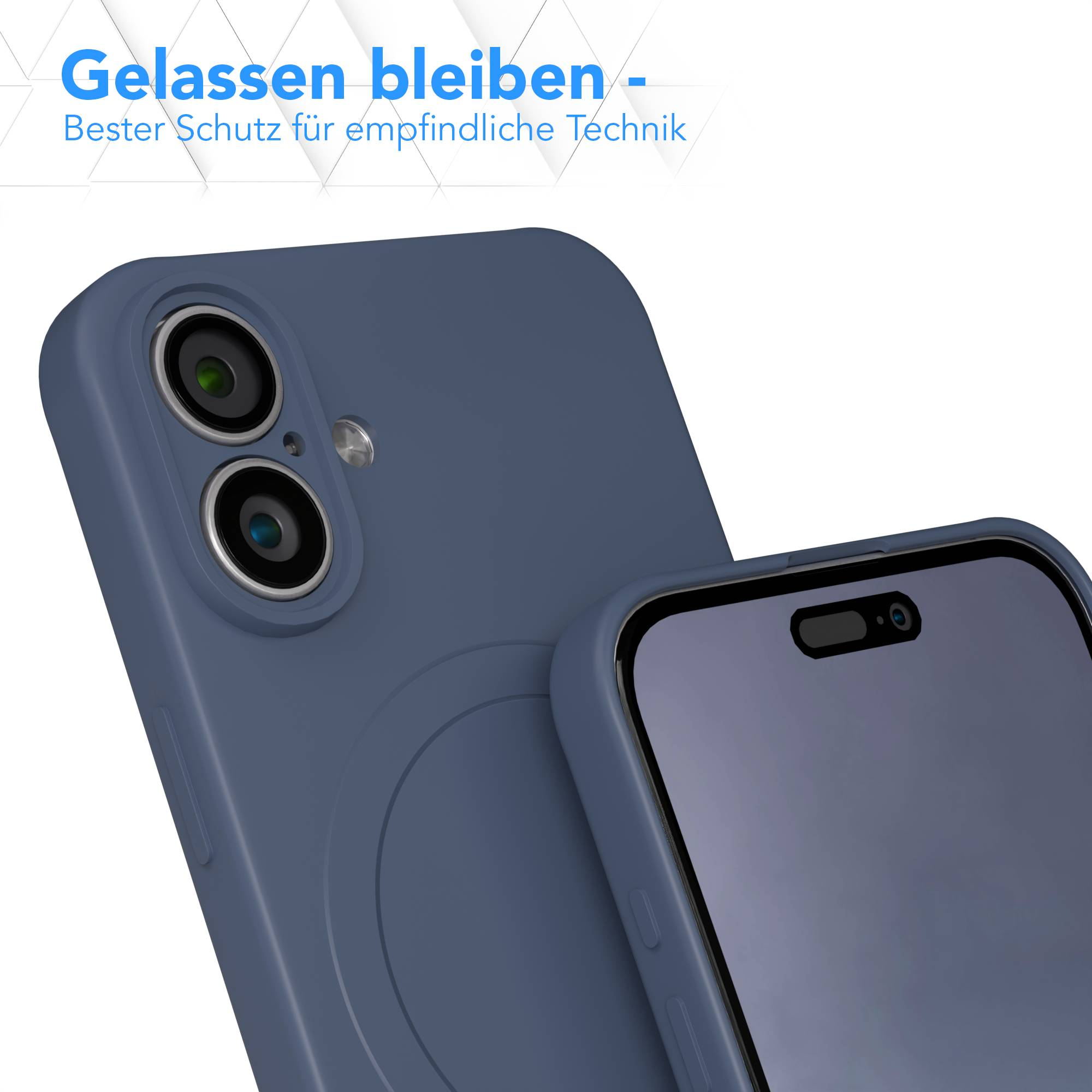 Eine blaue Handyhülle neben einem Telefon. Die Hülle hat Kameralöcher und einen Displayschutz. Text steht oben.