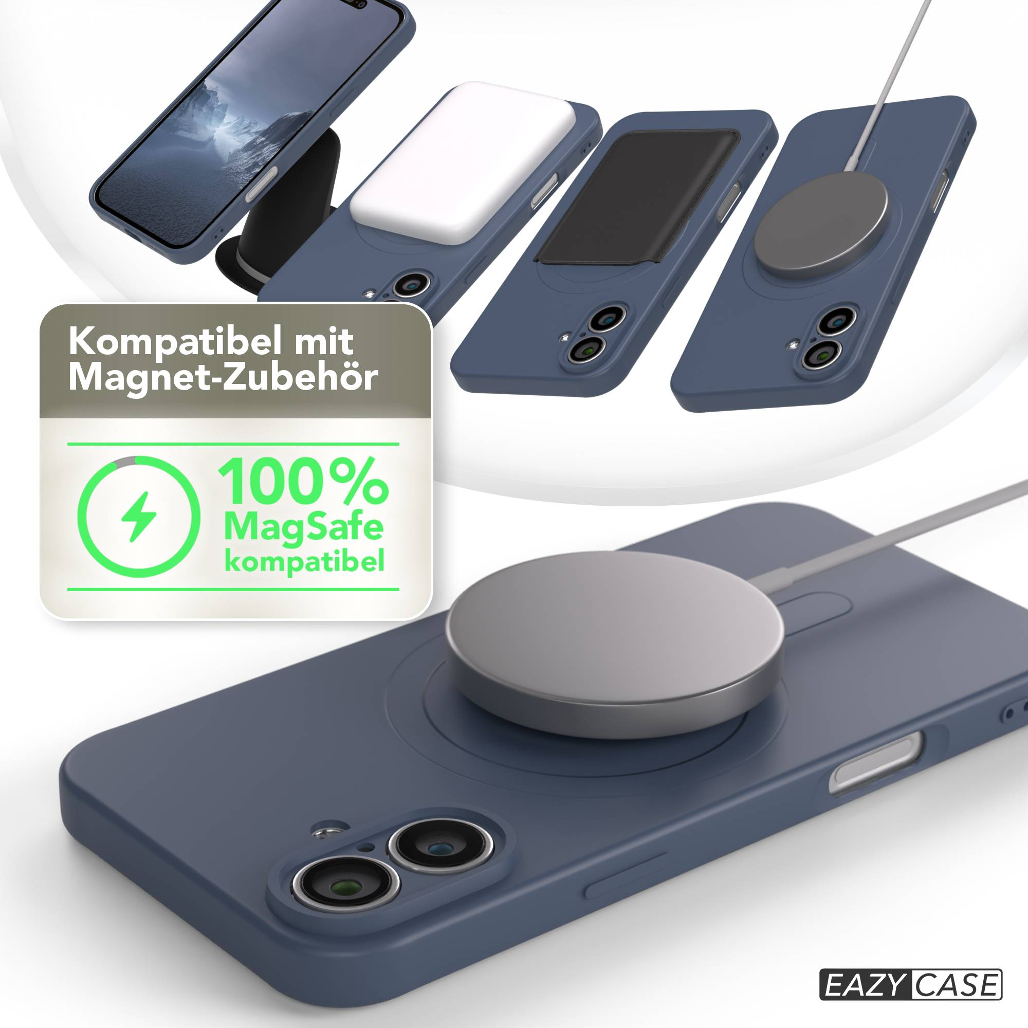 Verschiedene blaue Handyhüllen mit Zubehör. Eines zeigt ein Ladepad. Ein Schild besagt: '100% MagSafe kompatibel.'