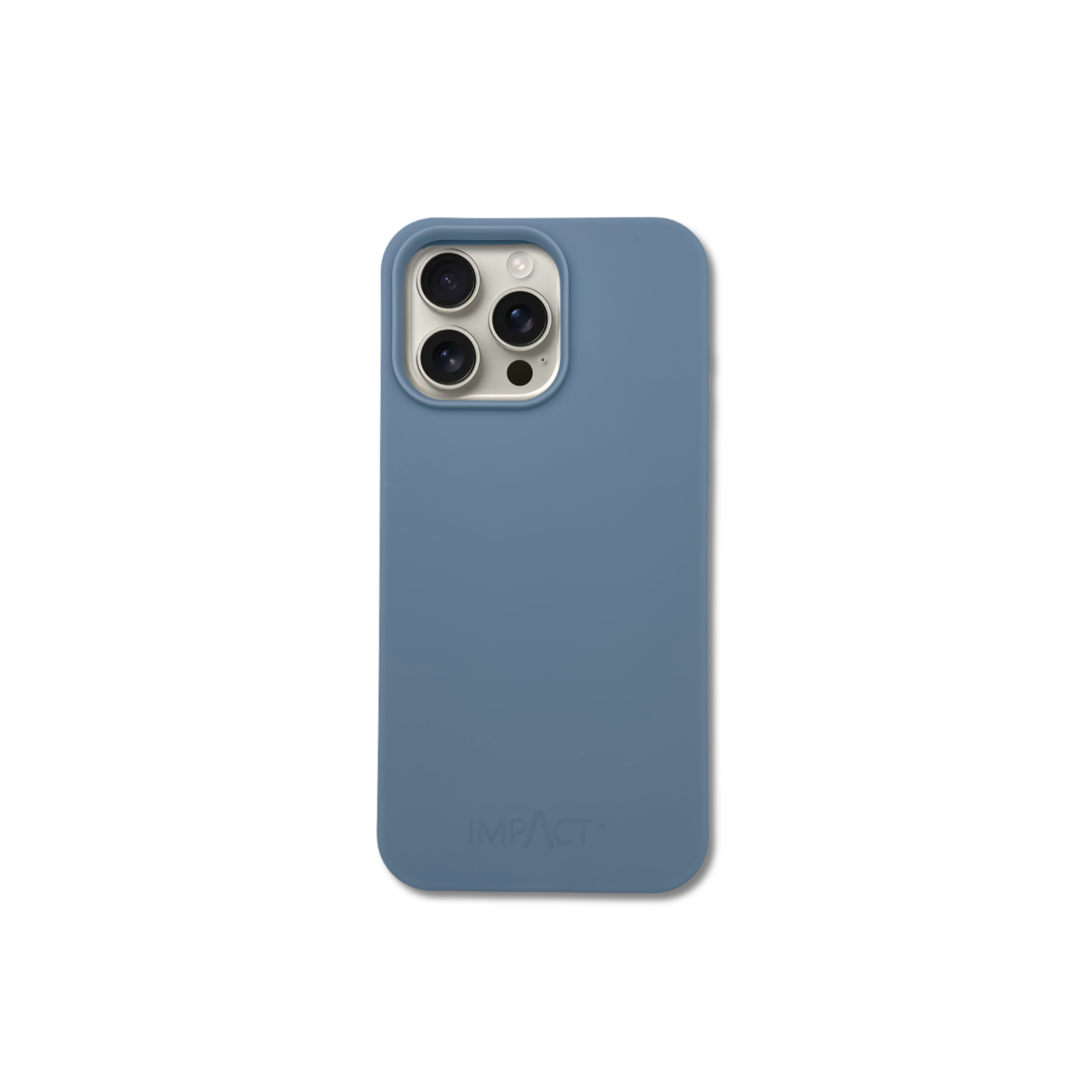 Una custodia blu con ritagli per fotocamera. Il marchio IMPACT è visibile in basso, sfondo bianco.
