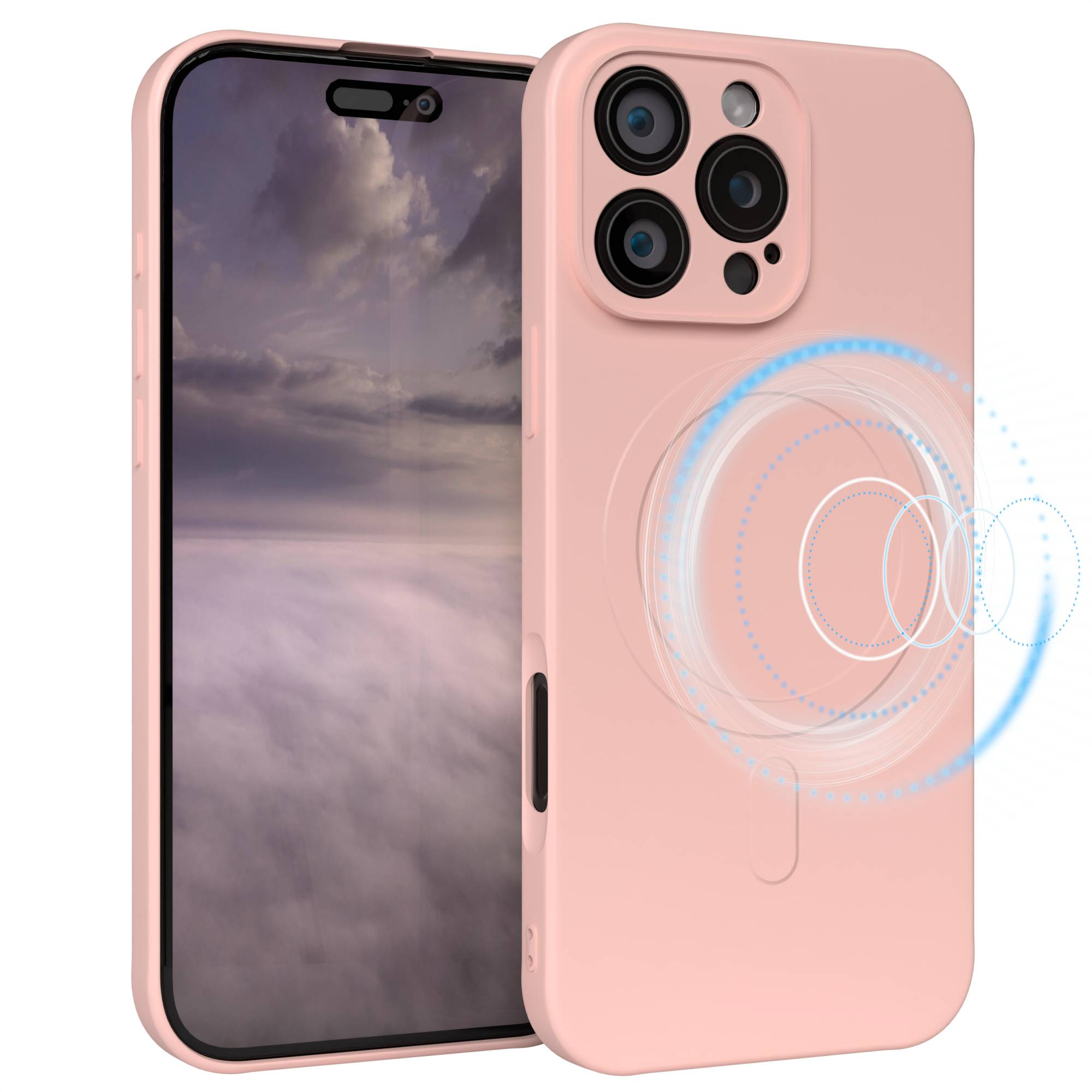Rosa Handyhülle mit Handy. Auf dem Bildschirm ist ein bewölkter Himmel zu sehen. Die Hülle hat Kameras und blaue Kreise.