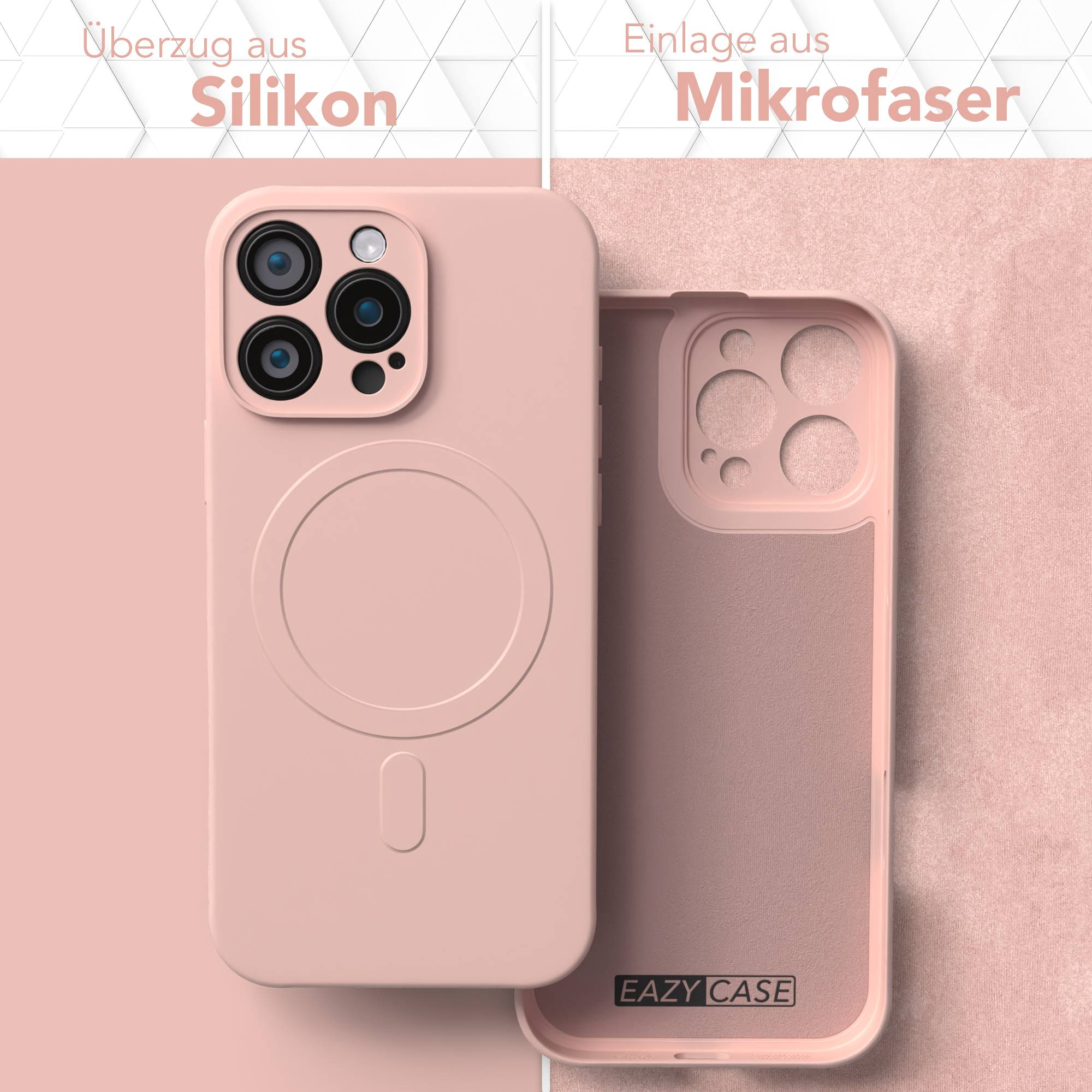 Rosa Handyhülle, Silikon außen, Mikrofaser innen, mit Kameraausschnitten und EAZY CASE Logo.