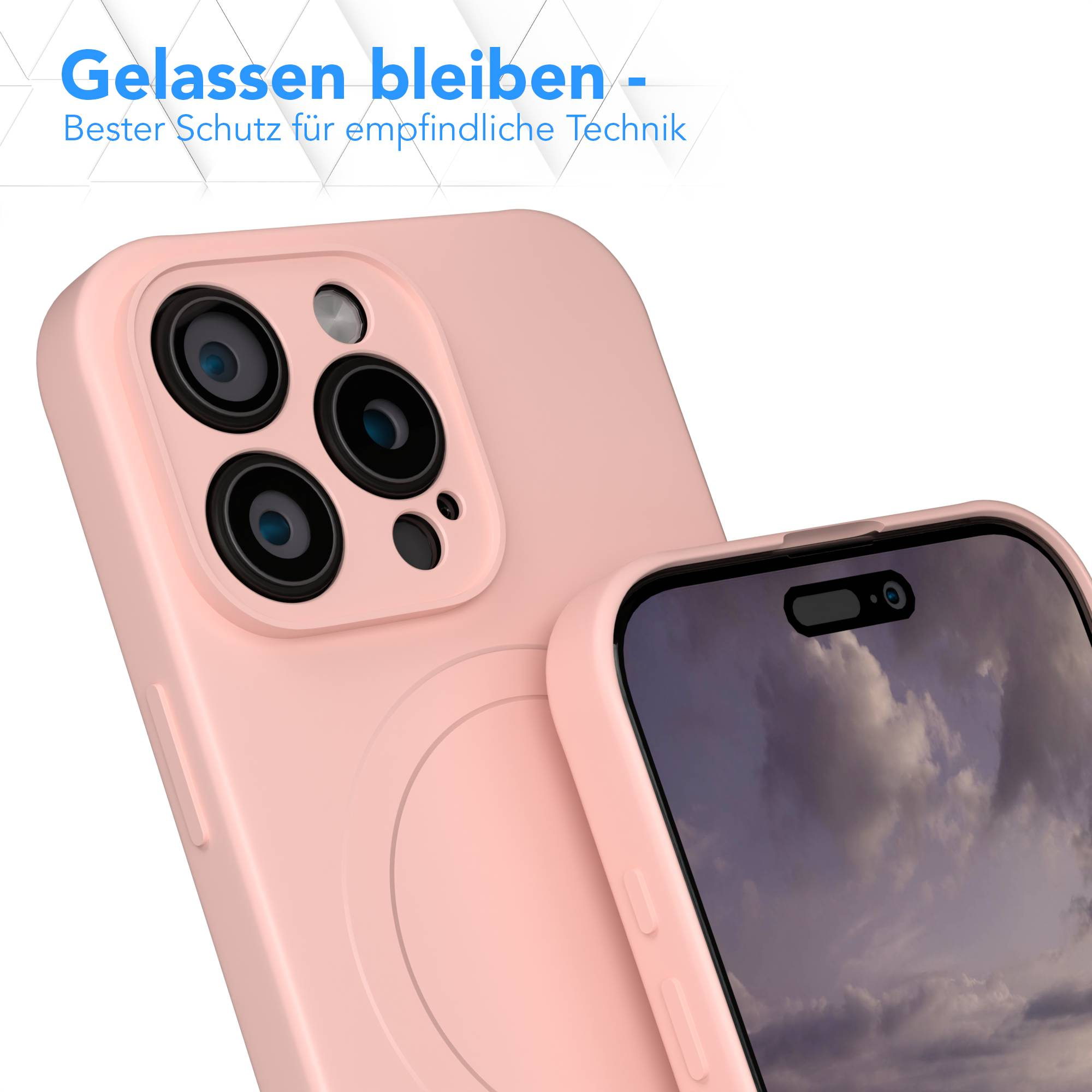 Rosa Handyhülle mit Kameralinsen und Displayschutz. Text oben: 'Entspannt bleiben - Bester Schutz für empfindliche Technik'.