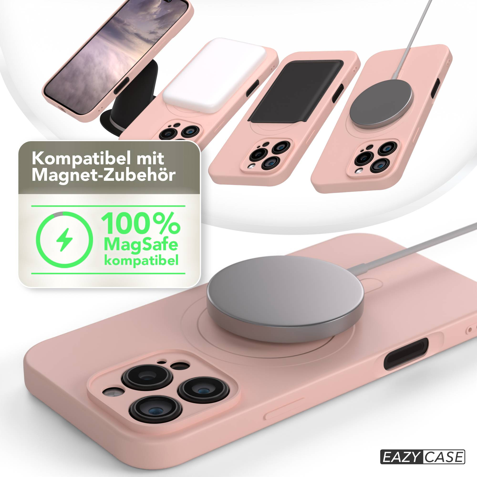 Rosa Handyhüllen mit magnetischem Zubehör. Grünes 100% MagSafe-kompatibles Logo. Graue Ladepucks. Schwarzer Telefonbildschirm.