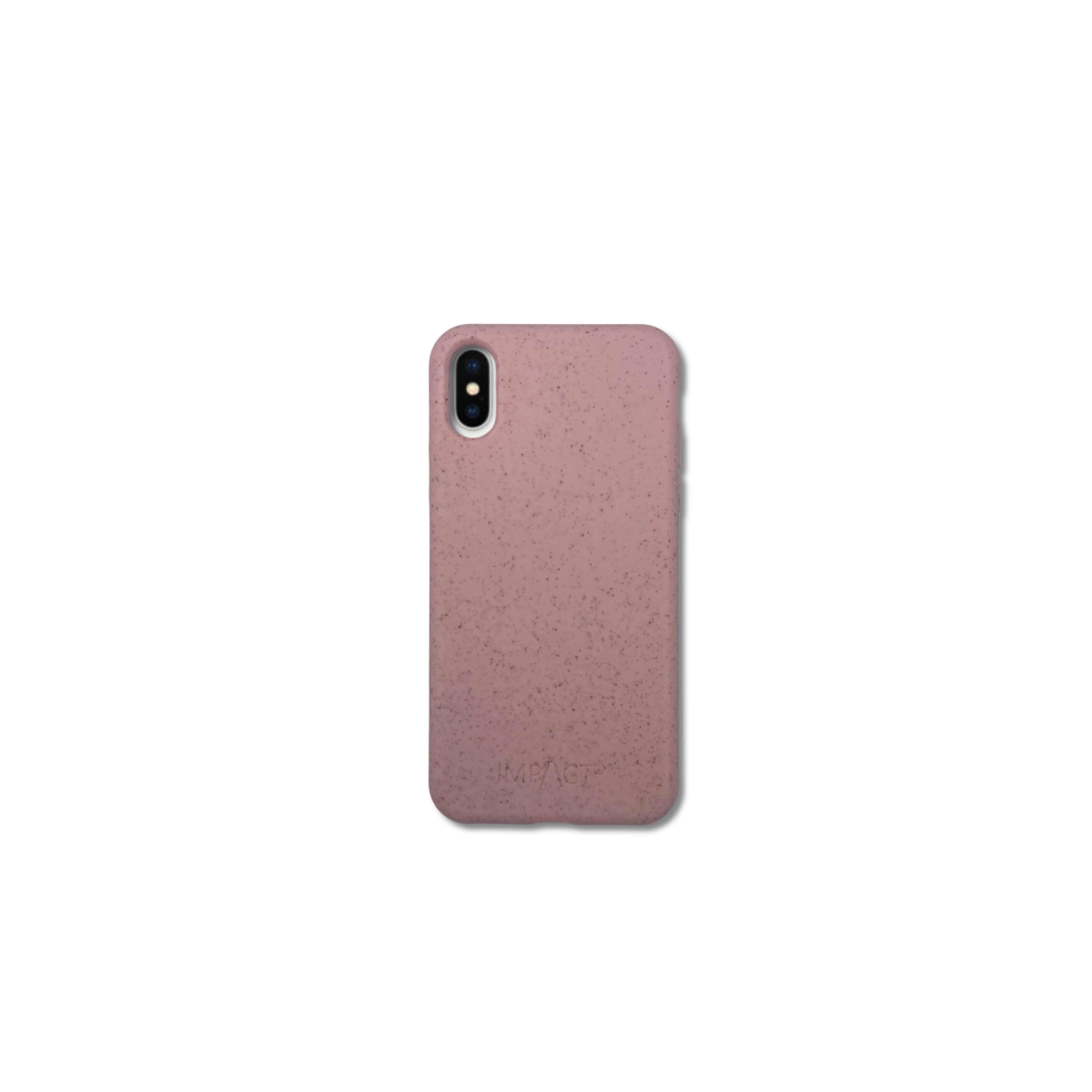 Una custodia per telefono rosa polveroso con un ritaglio per la fotocamera e la scritta 'IMPACT' sopra, su sfondo bianco.