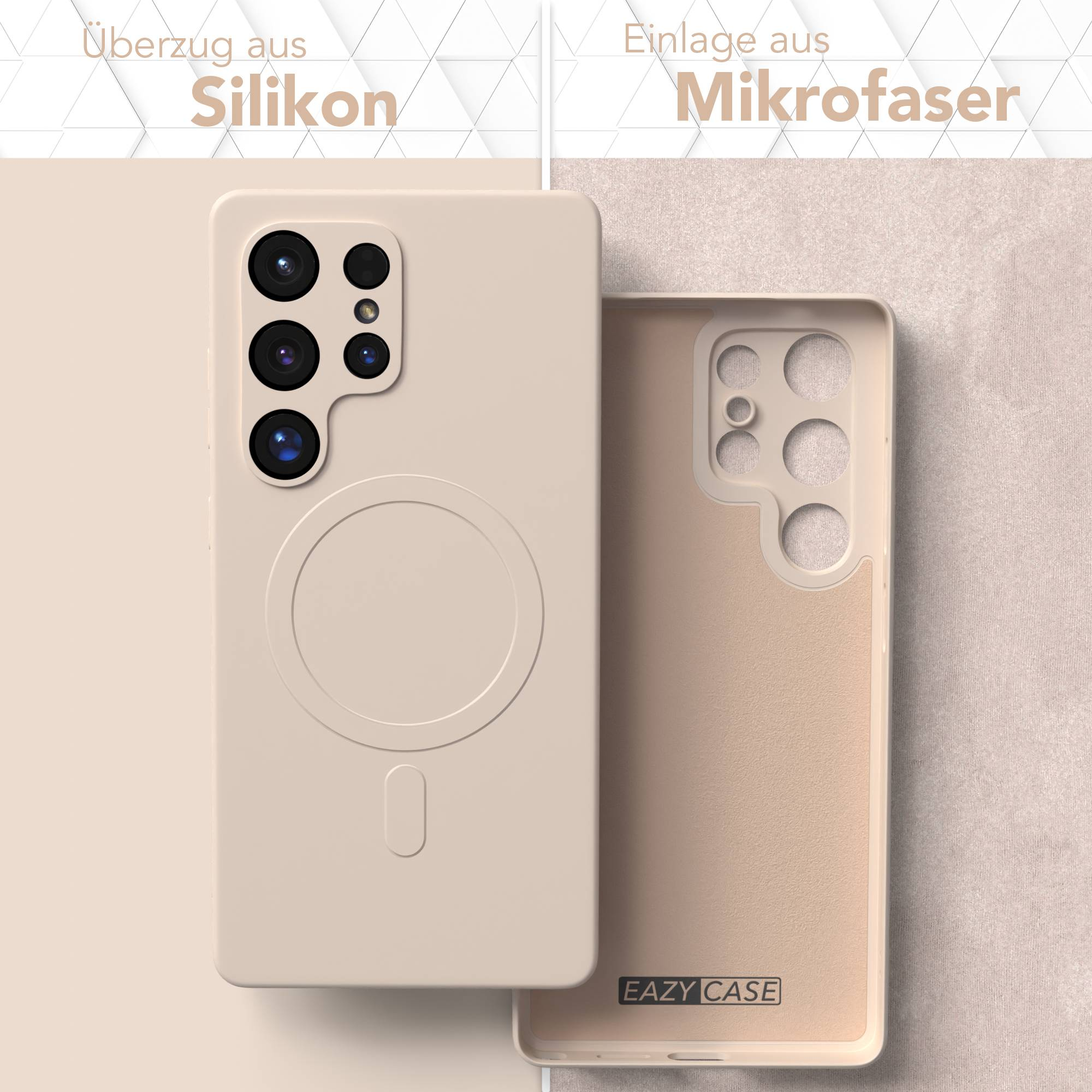 Eine Handyhülle mit Silikonaußenseite und Mikrofaserinnenraum. Die Hülle und der Einsatz sind beige. Texte sind auf Deutsch.