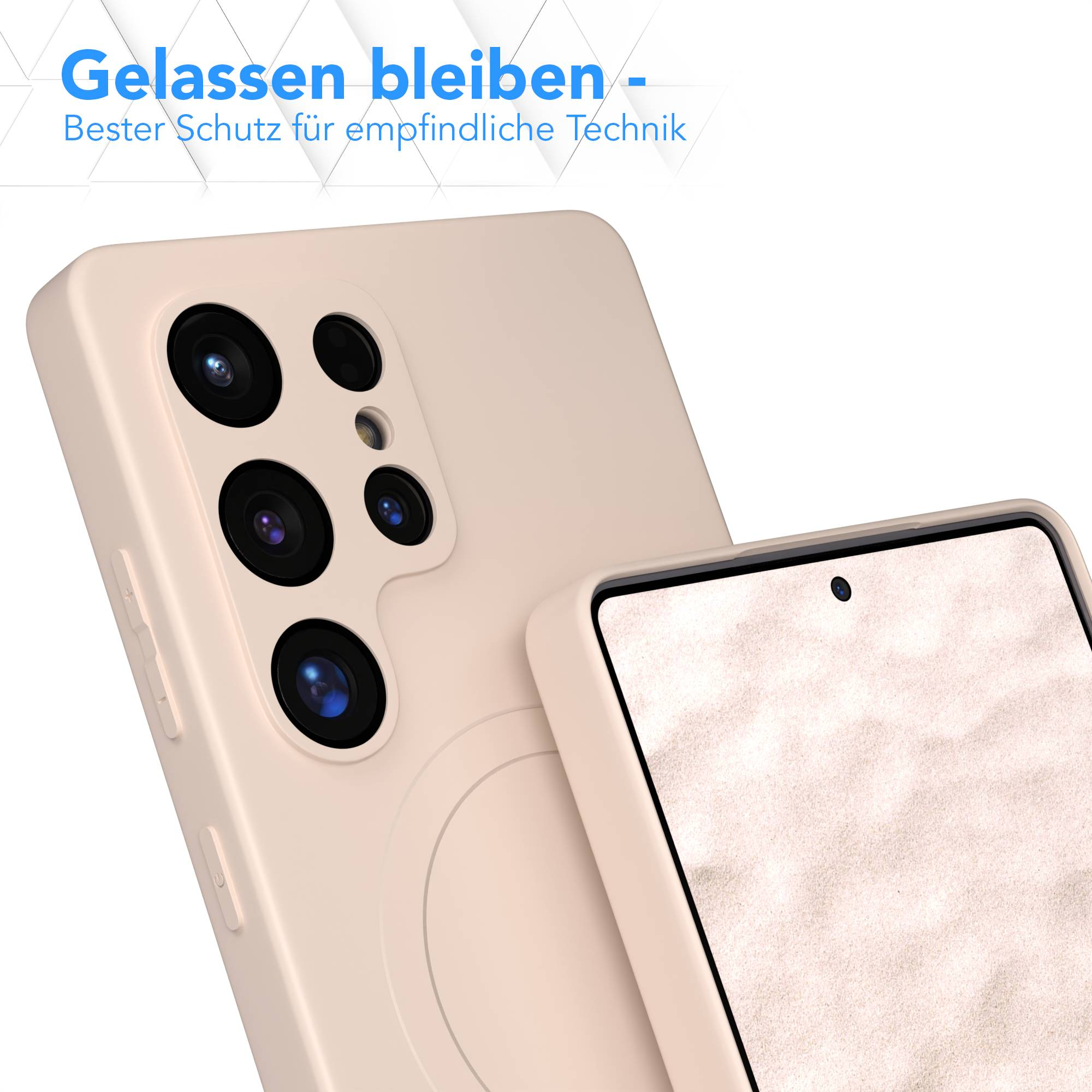 Beige Handyhülle mit mehreren Kameralinsen, die Bildschirm und Rückseite schützt. Der Text lautet: 'Gelassen bleiben'.