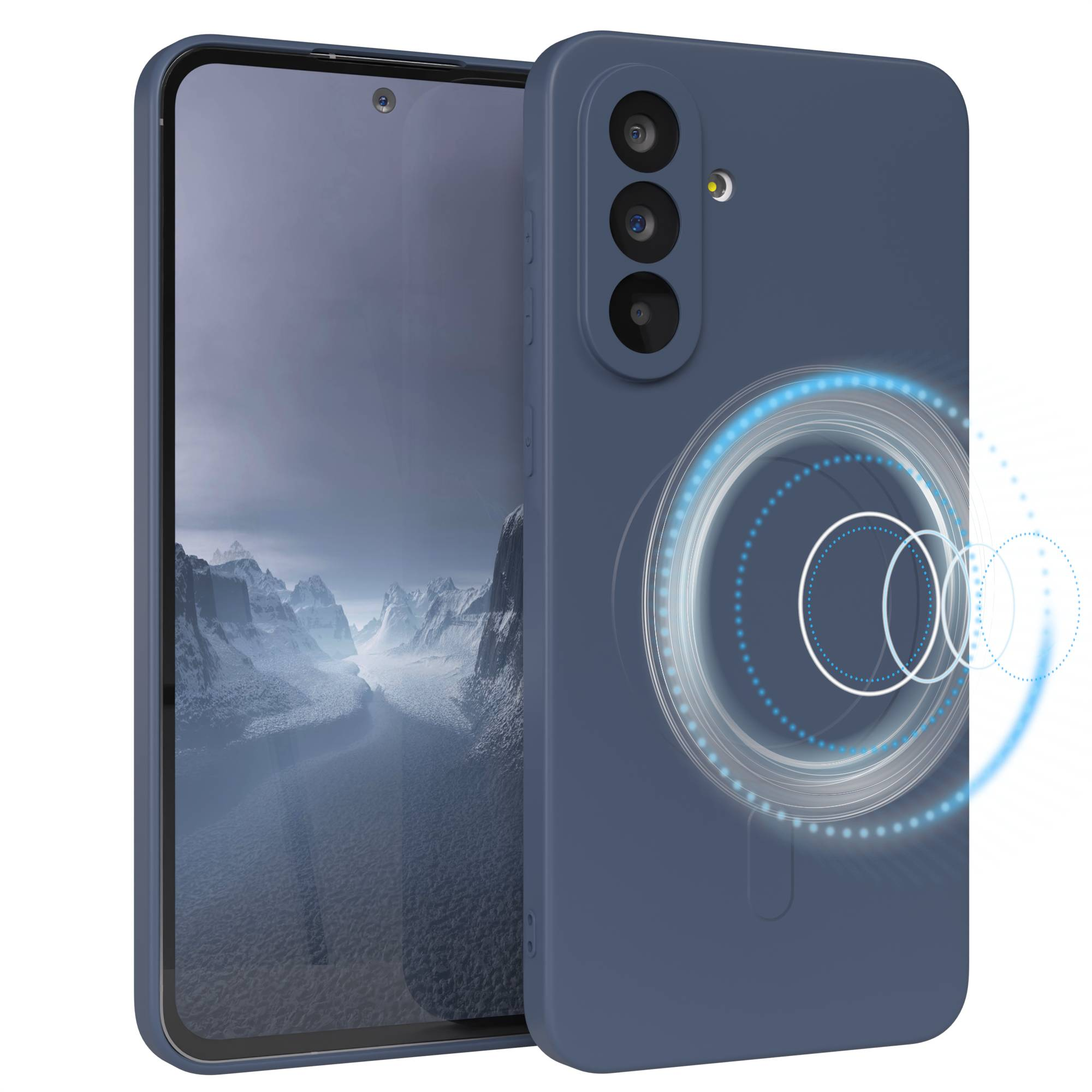Ein blaues Telefon mit Hülle. Der Bildschirm zeigt eine Berglandschaft. Die Hülle hat drei Kameralinsen und einen leuchtenden Kreis.