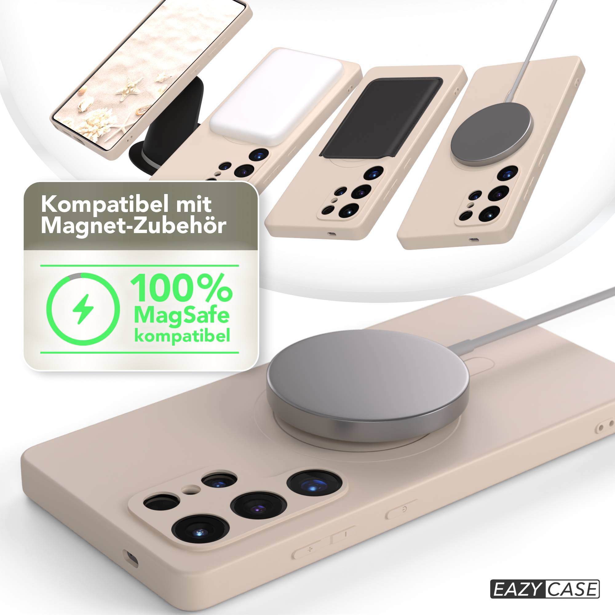 Mehrere Handyhüllen mit MagSafe-Kompatibilität, einige mit Ladegeräten. Ein grünes Logo zeigt MagSafe-Kompatibilität. Der Markenname Eazy Case ist sichtbar.
