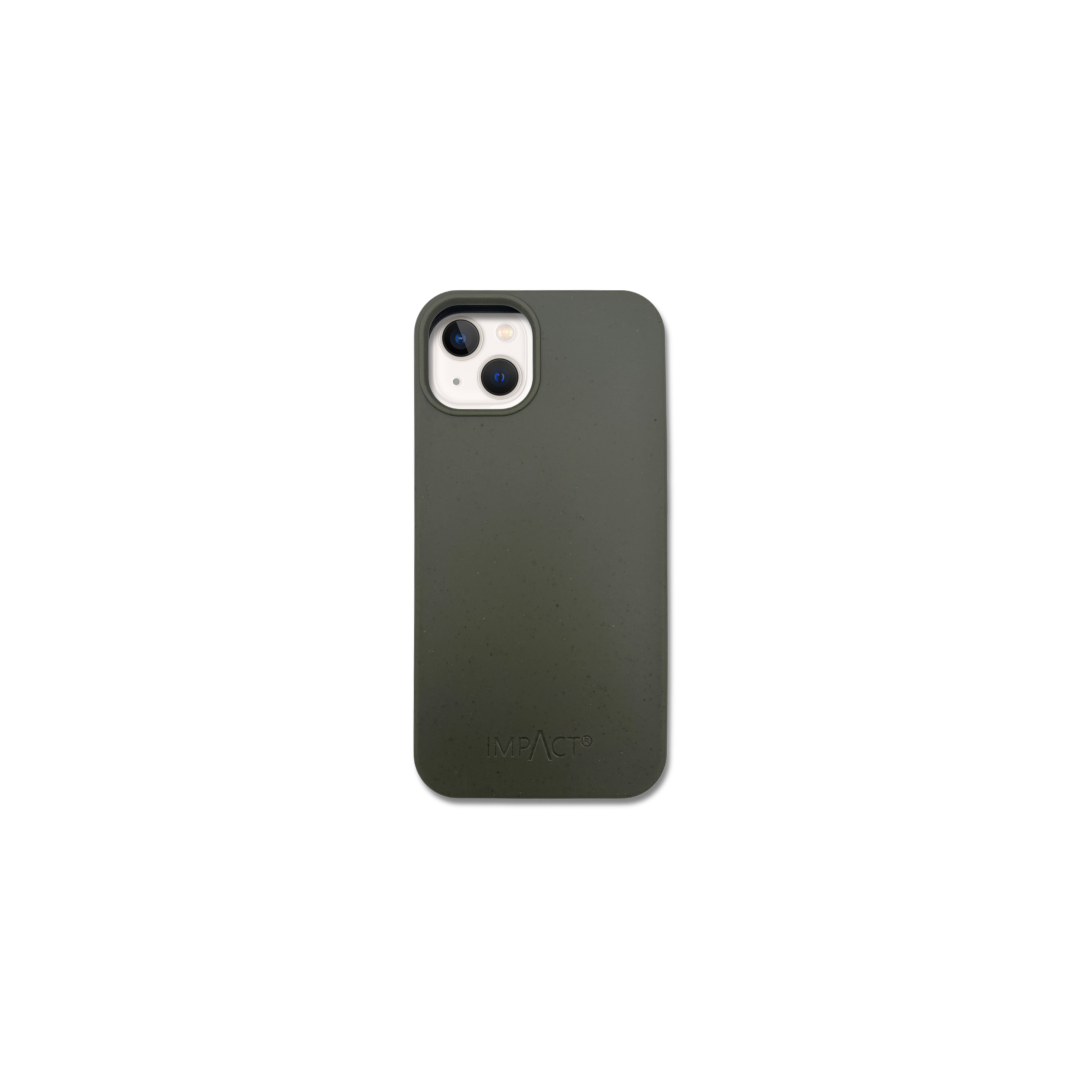 Una custodia per telefono verde oliva, con ritagli per la fotocamera. Il logo IMPACT è in basso. Lo sfondo è bianco.