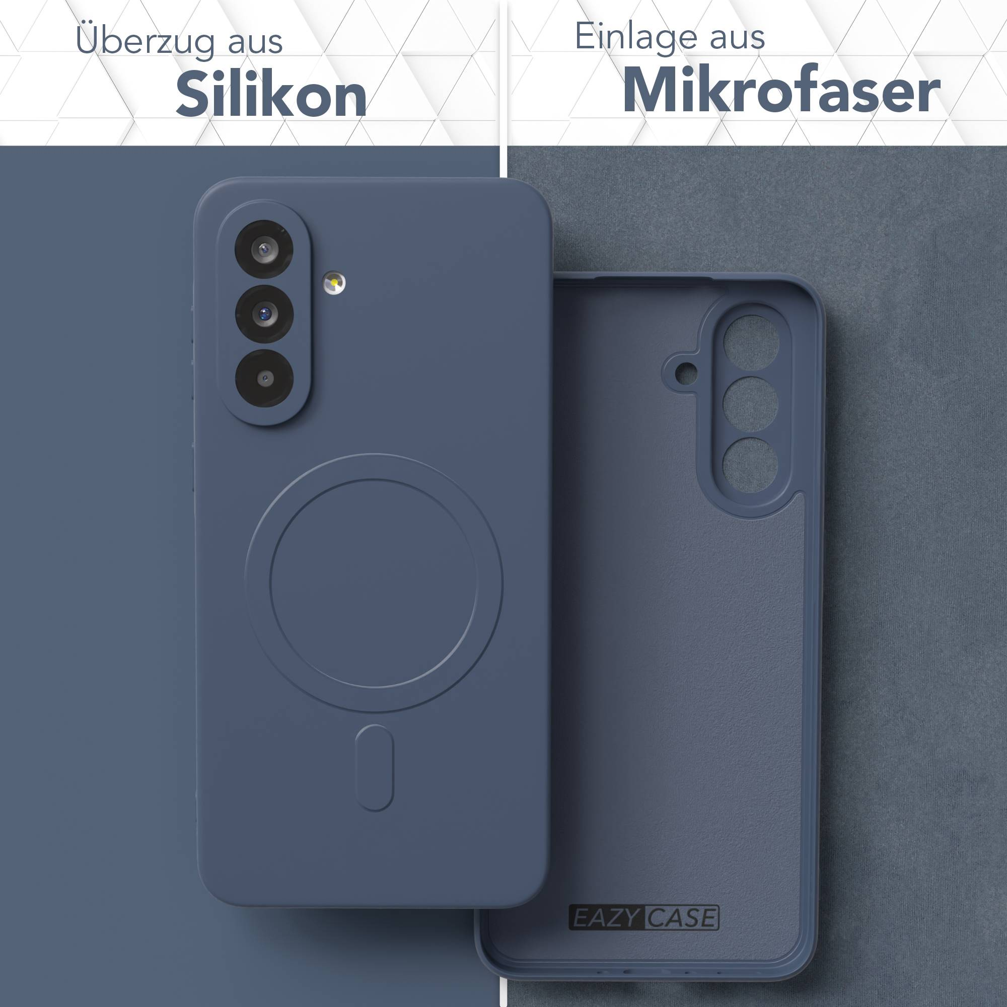 Eine blaue Handyhülle mit drei Kameralinsen und eine separate strukturierte Innenhülle. Oben steht 'Silikon'.