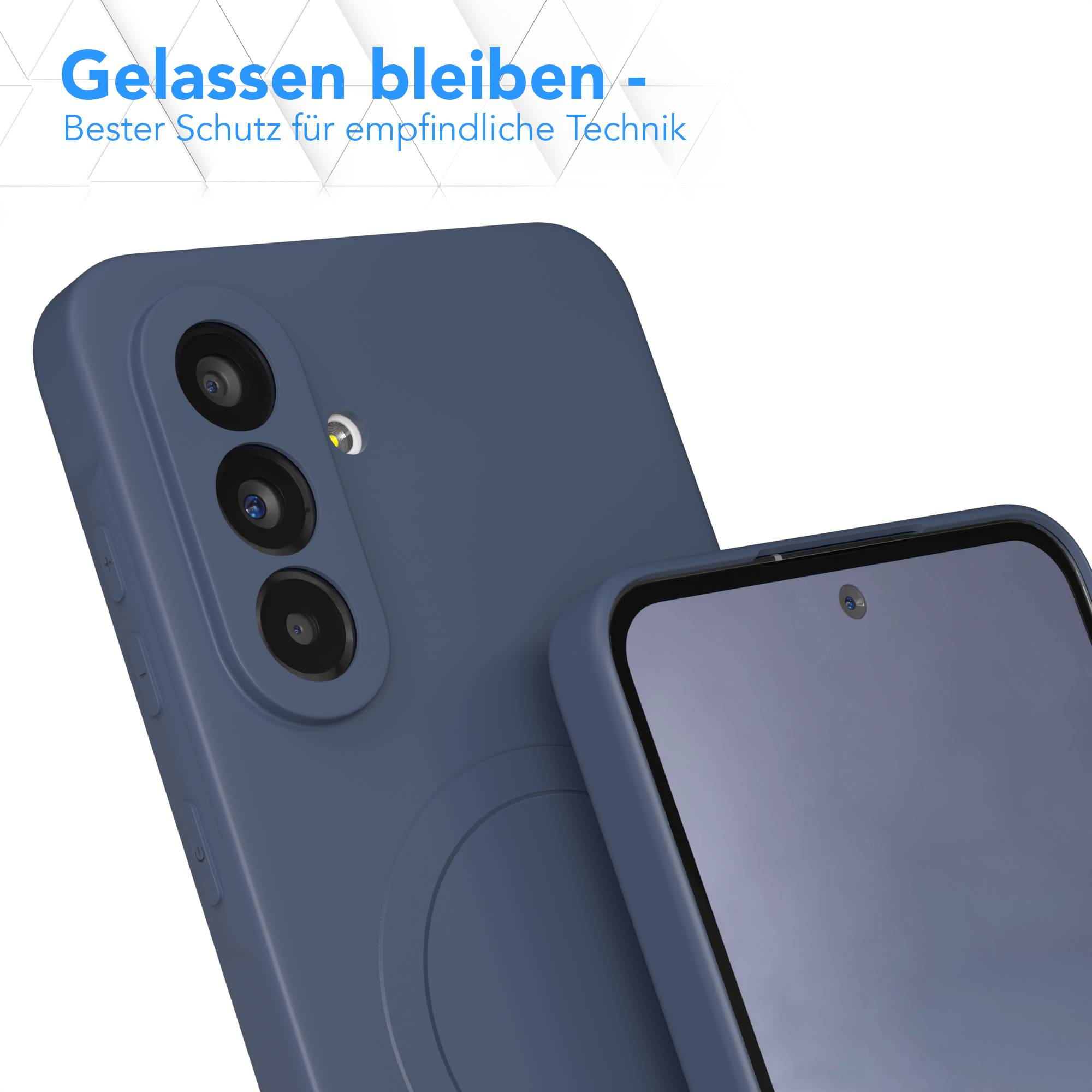 Ein blaues Telefon in einer passenden Hülle, abgewinkelt. Kameralinsen sind sichtbar. Der Text "Gelassen bleiben" steht oben.