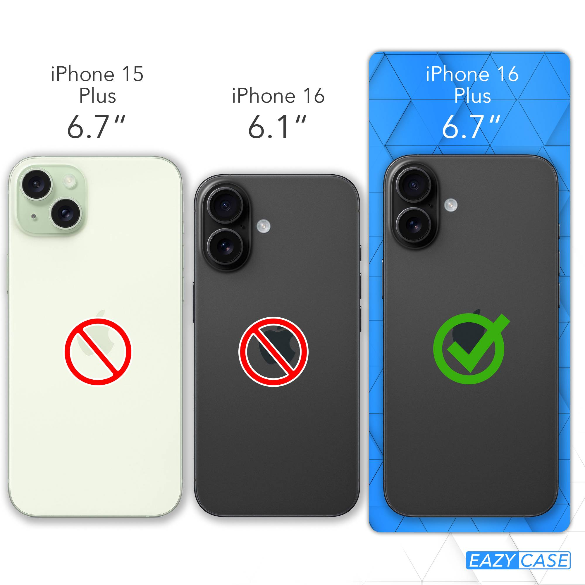 Vergleich von iPhone-Modellen. iPhone 15 Plus, iPhone 16 und iPhone 16 Plus werden mit Größen- und Kompatibilitätsindikatoren angezeigt.