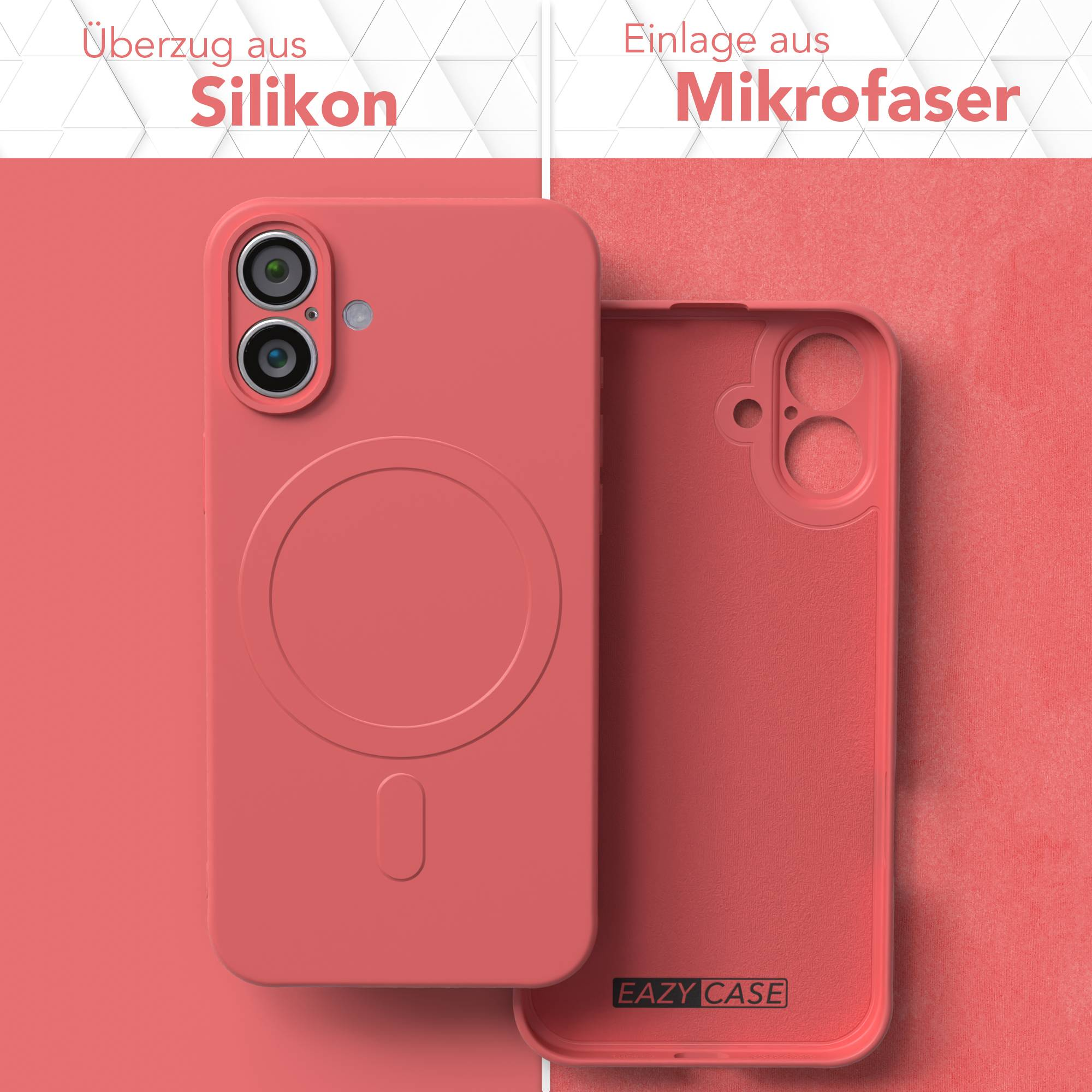 Eine rosa Handyhülle und ihr Inneres. Die Hülle ist aus Silikon, mit einem Mikrofaser-Innenfutter. Beide sind rosa. Die Hülle zeigt die Marke.