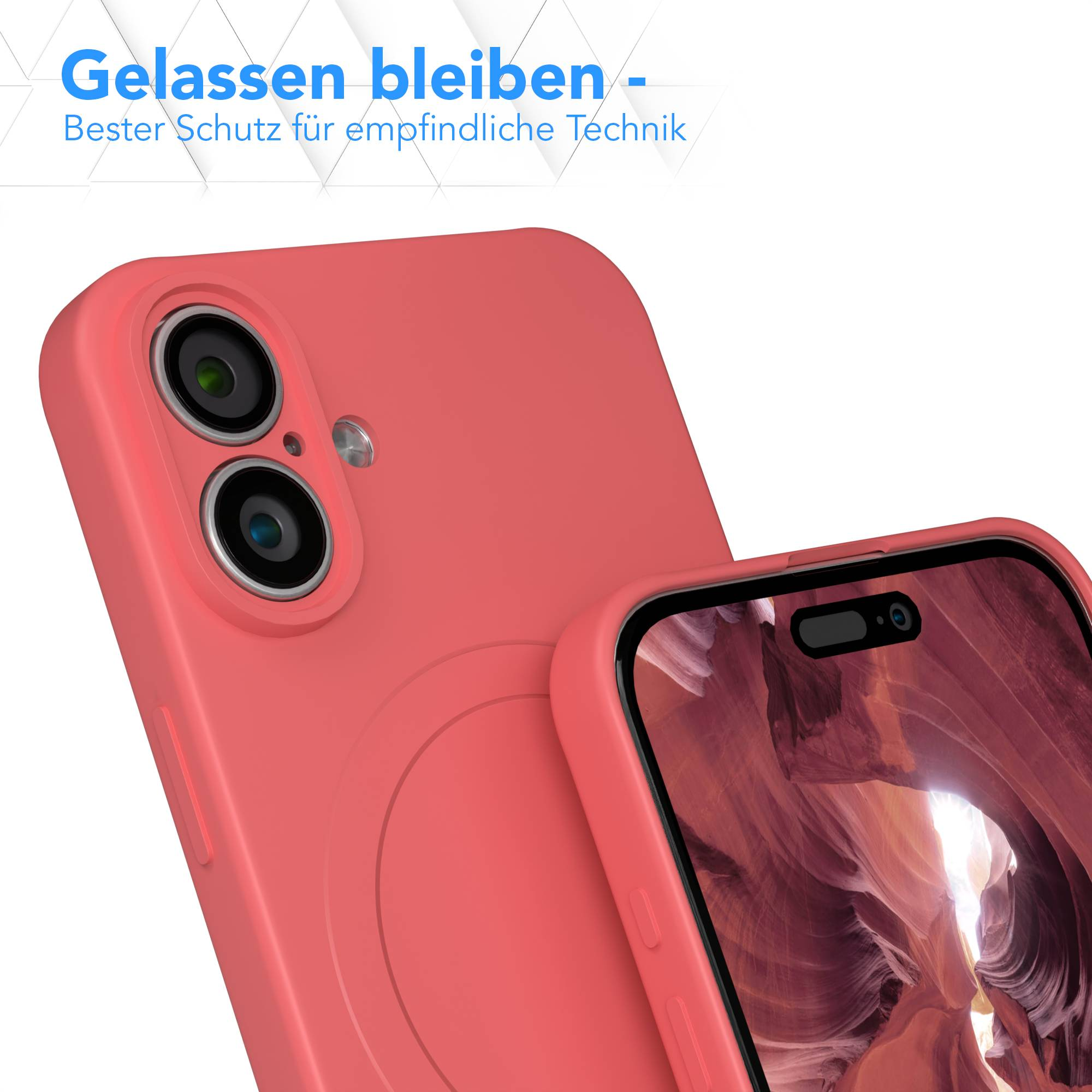 Rosafarbene Handyhülle mit Kameralinsen. Ein Telefon mit einem Bildschirm, der einen roten Canyon zeigt, ist teilweise sichtbar.