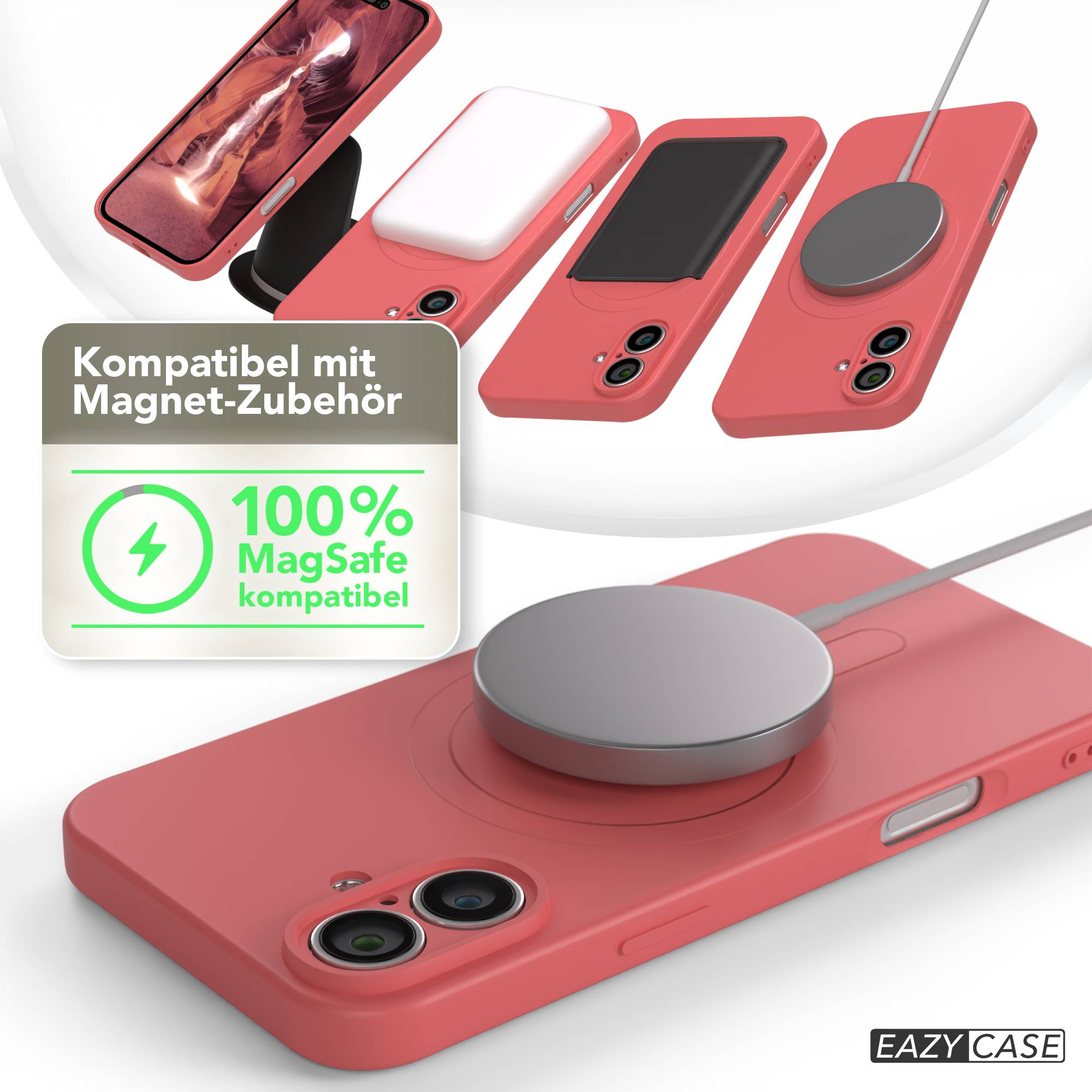 Rosa Handyhüllen mit Zubehör werden gezeigt. Ein grünes Logo zeigt '100% MagSafe kompatibel'. Das Eazy Case Logo ist unten.